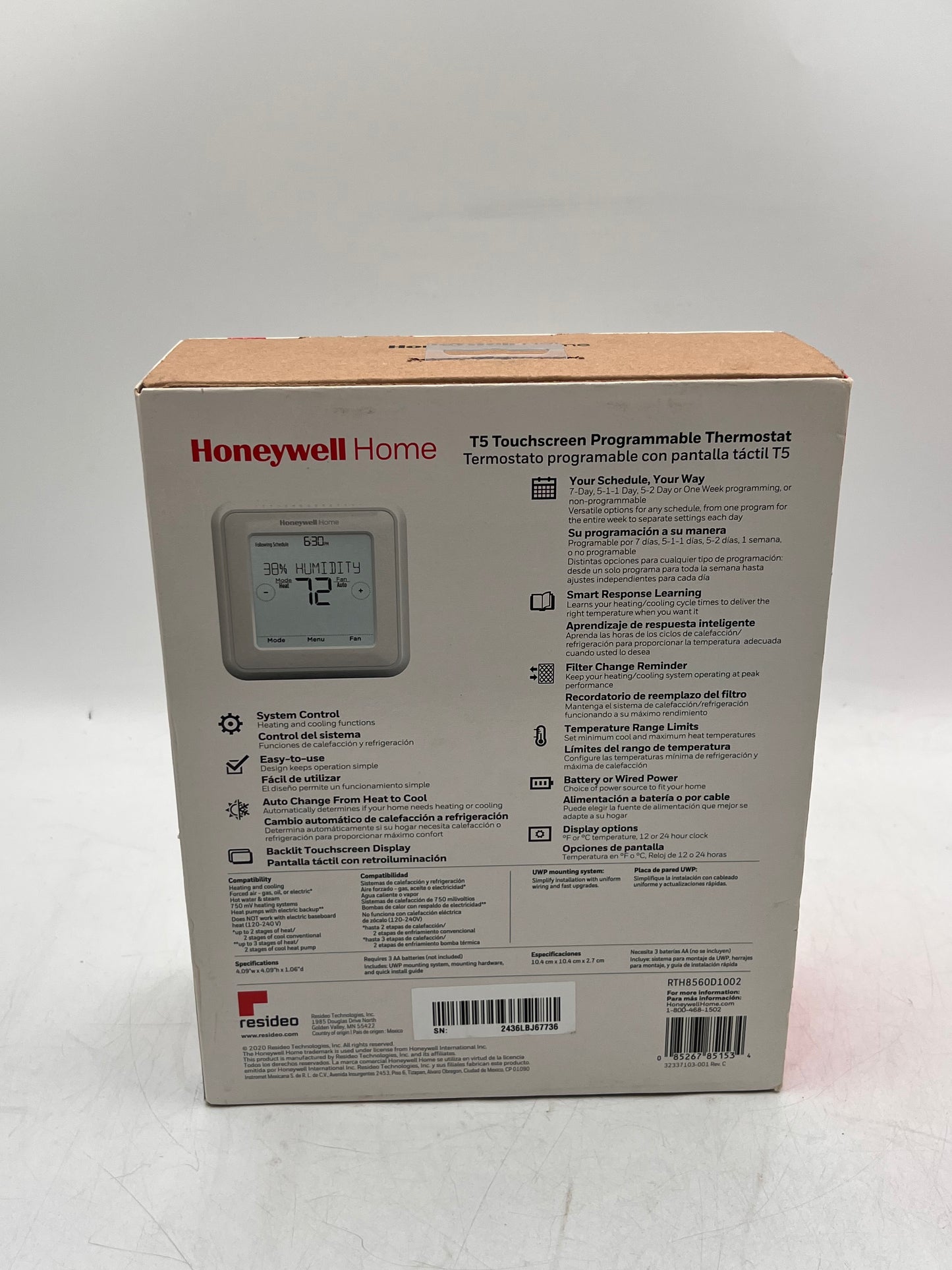 HONEYWELL HOME T5 Touchscreen Programmable Thermostat White