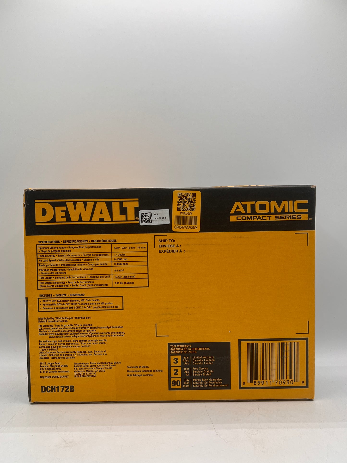 DeWALT DCH172B 20V MAX ATOMIC 5/8" Brushless SDS Plus Rotary Hammer - Bare Tool