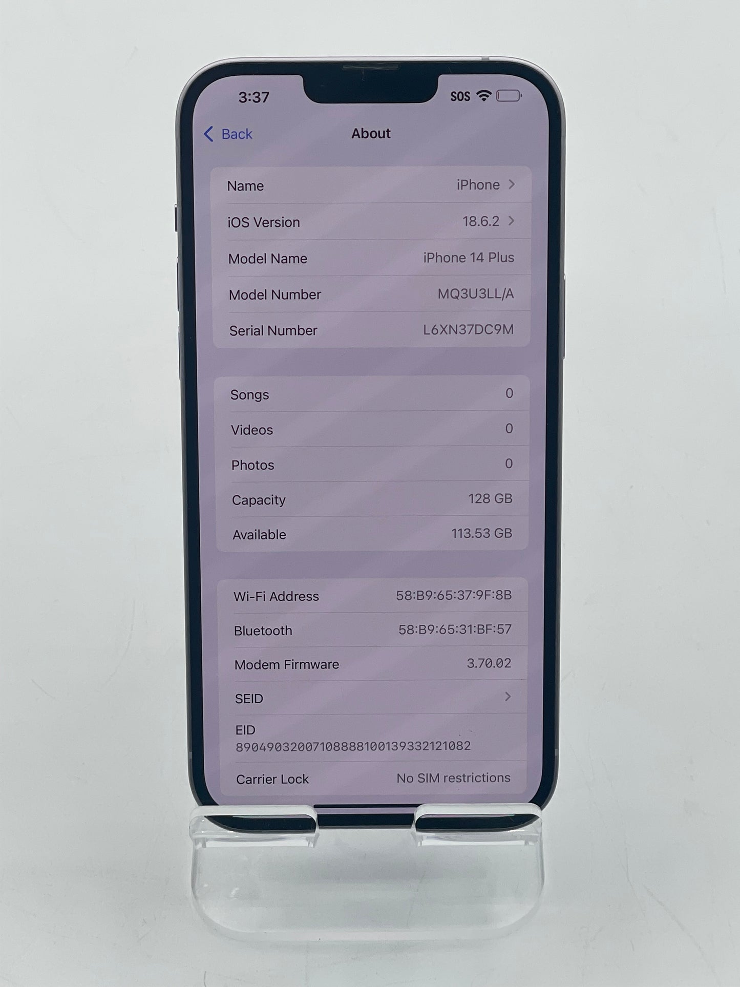 Unlocked Apple iPhone 14 Plus 6.7" 128GB Purple A2632 MQ3U3LL/A 84% Battery