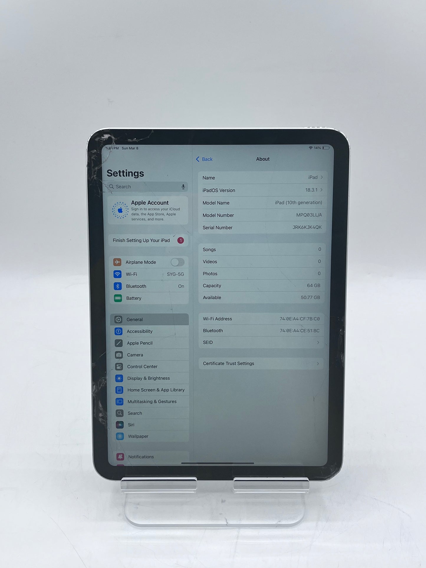 Apple iPad (10th Gen) A2696 MPQ03LL/A (2022) 64GB 4GB Wifi Only- Silver