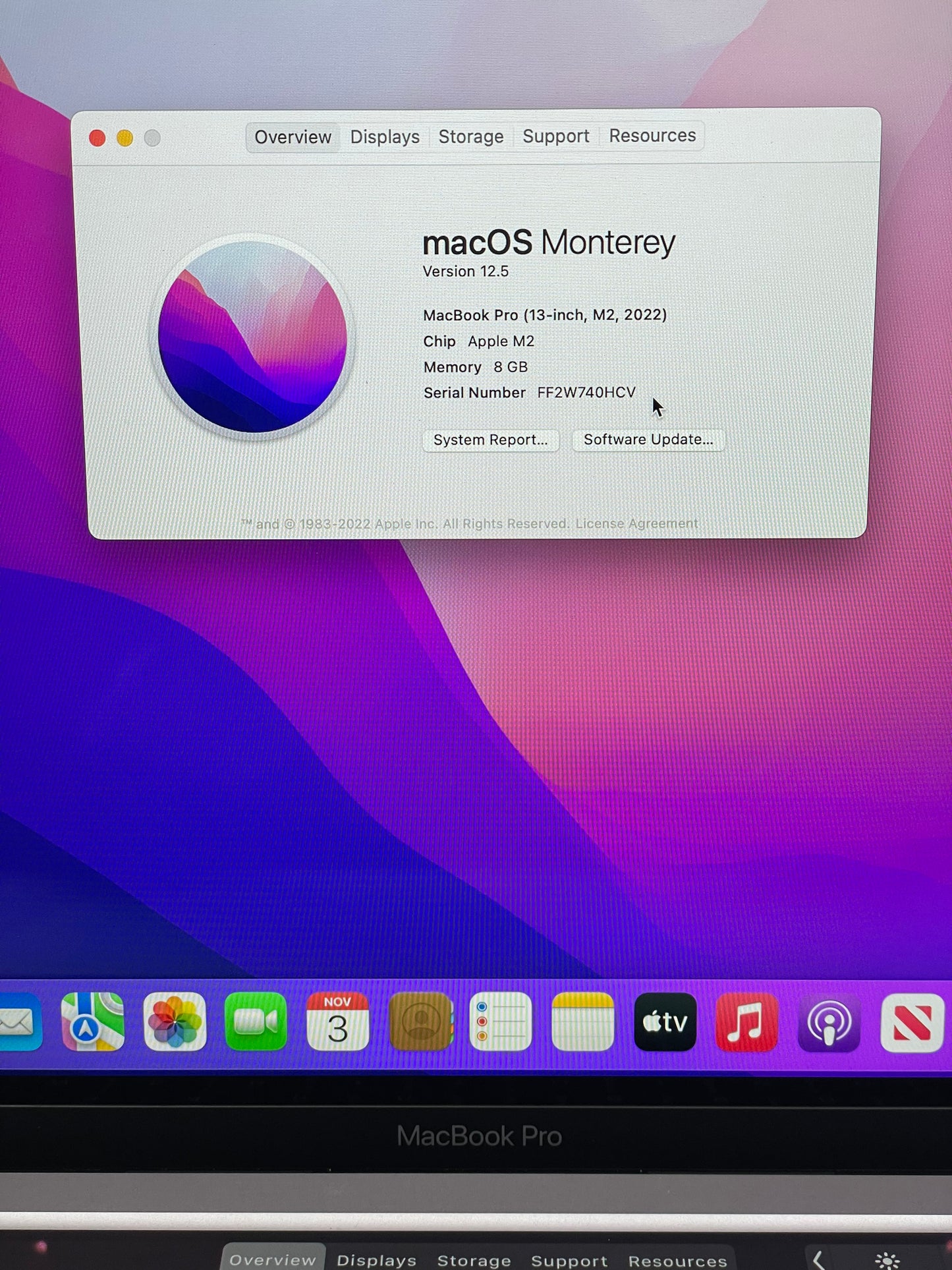 2022 Apple MacBook Pro 13.3" 8C M2 10C GPU 8GB 256GB A2338 84 Cycle Count SG