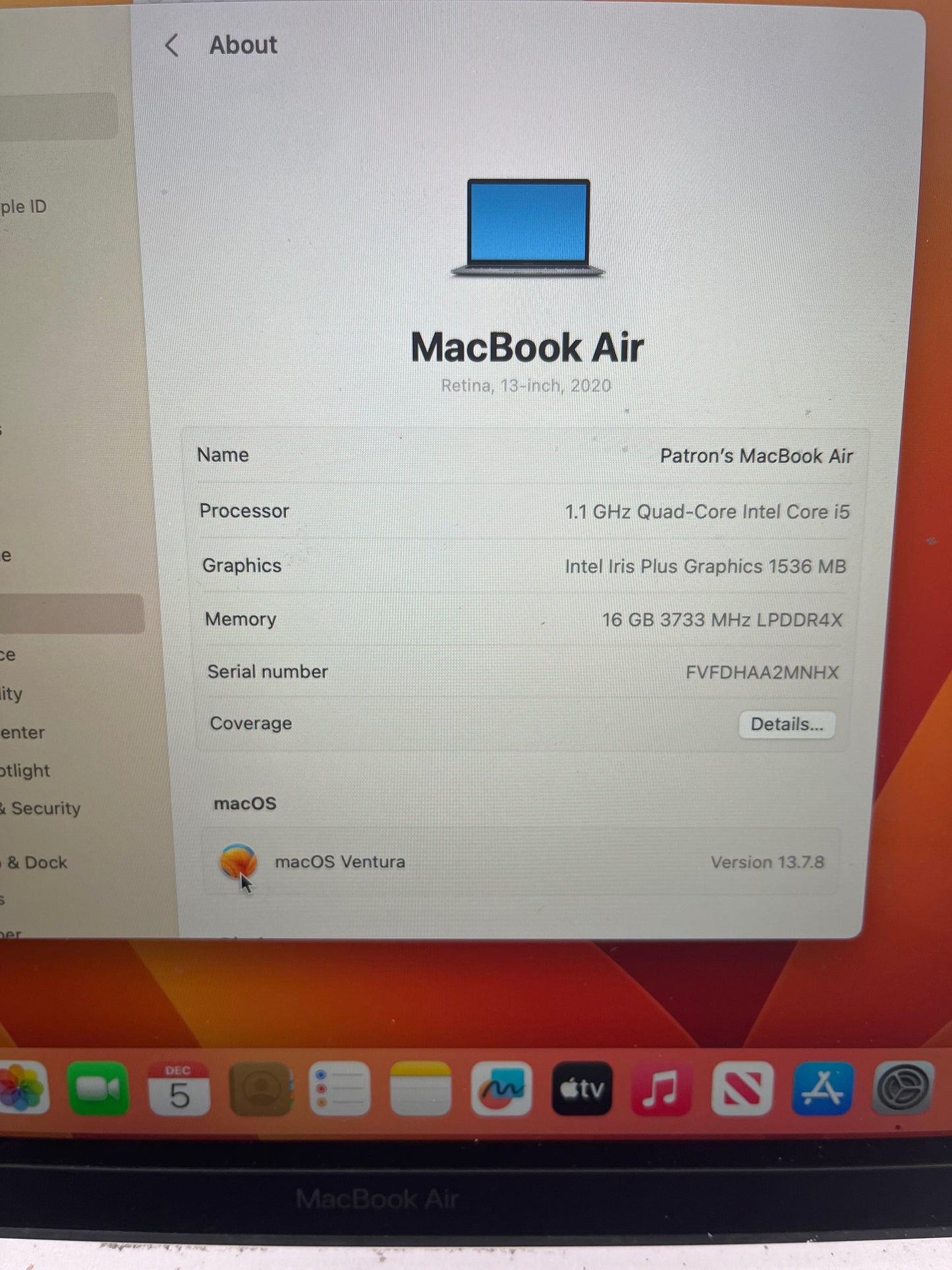 Apple MacBook Air 13" Retina i5 A2179 2020 Space Gray REMOTELY MANAGED BY PASSED READ