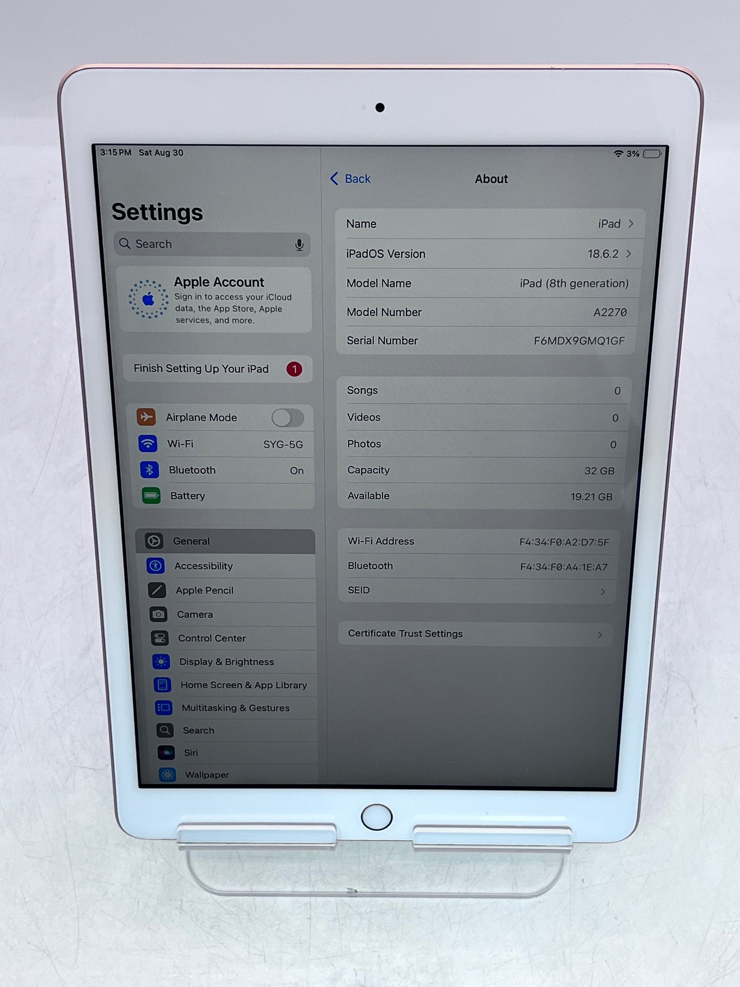 Apple iPad 8th Gen A2270 MYLC2LL/A 32GB Wi-Fi Tablet - Rose Gold