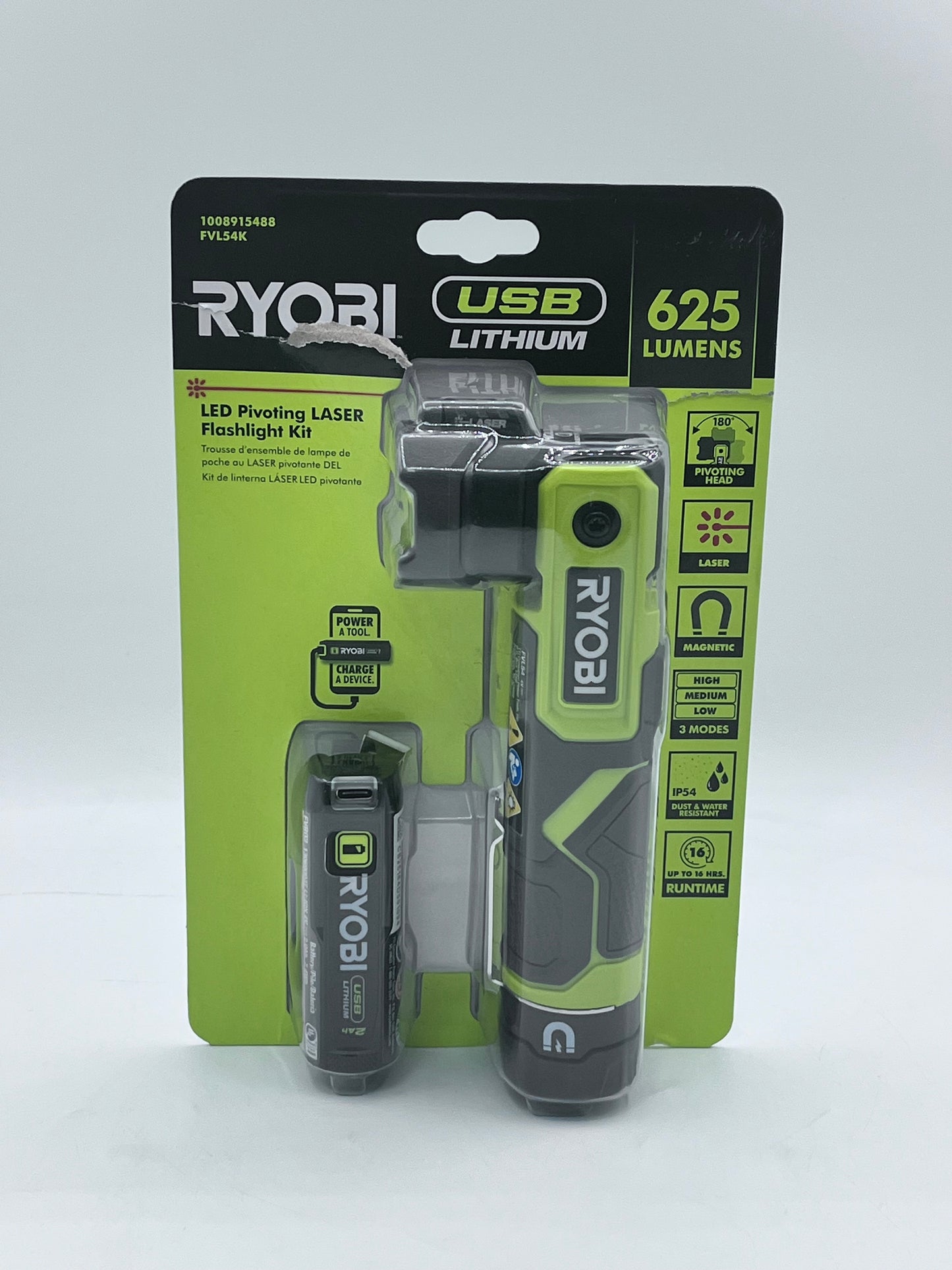 RYOBI USB Lithium Compact LED Flashlight FVL51K w/2 Ah Battery & Charging cable