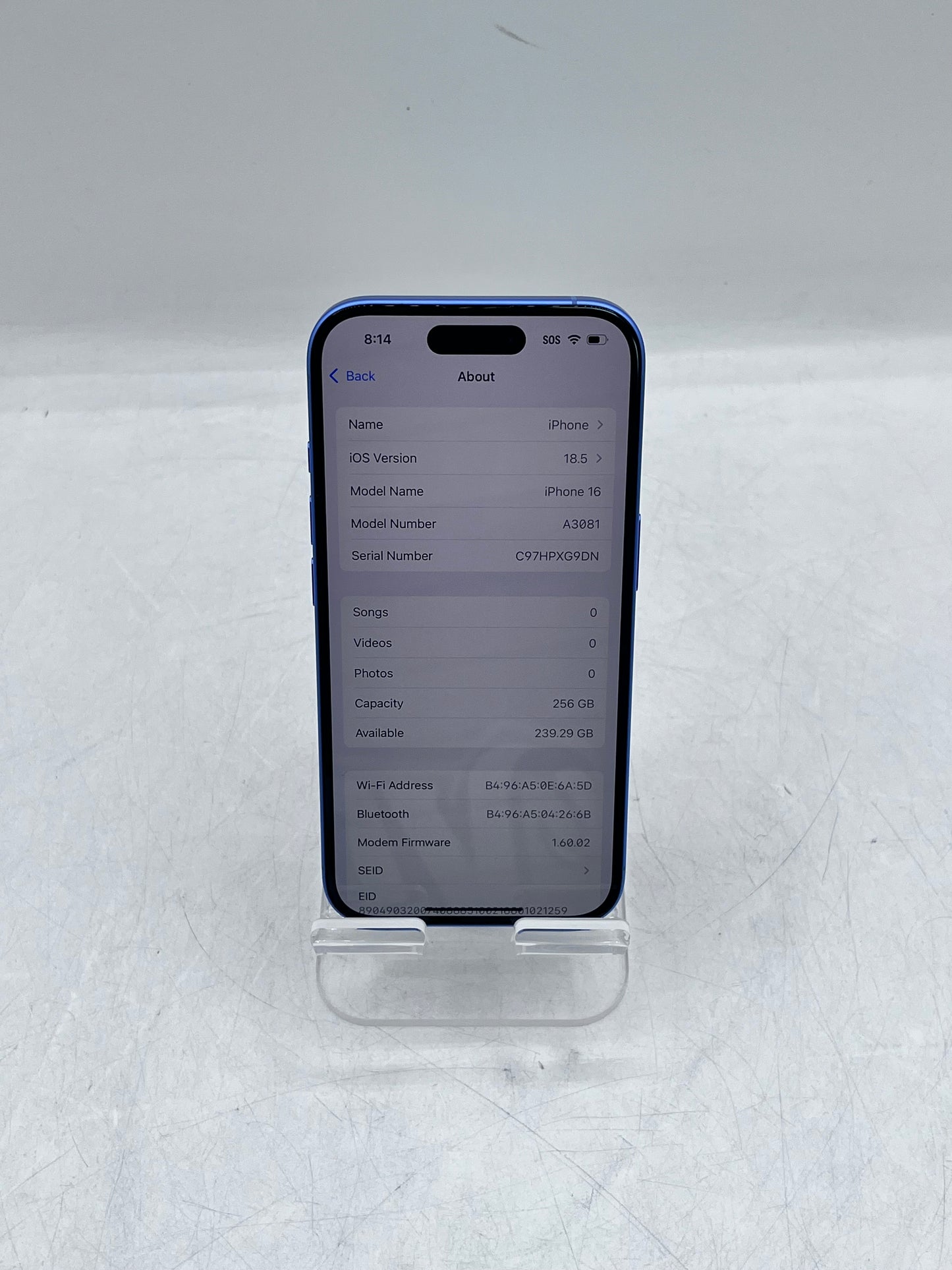 Unlocked Apple iPhone 16 256GB A3081 MYAR3LL/A 100% BH - Blue