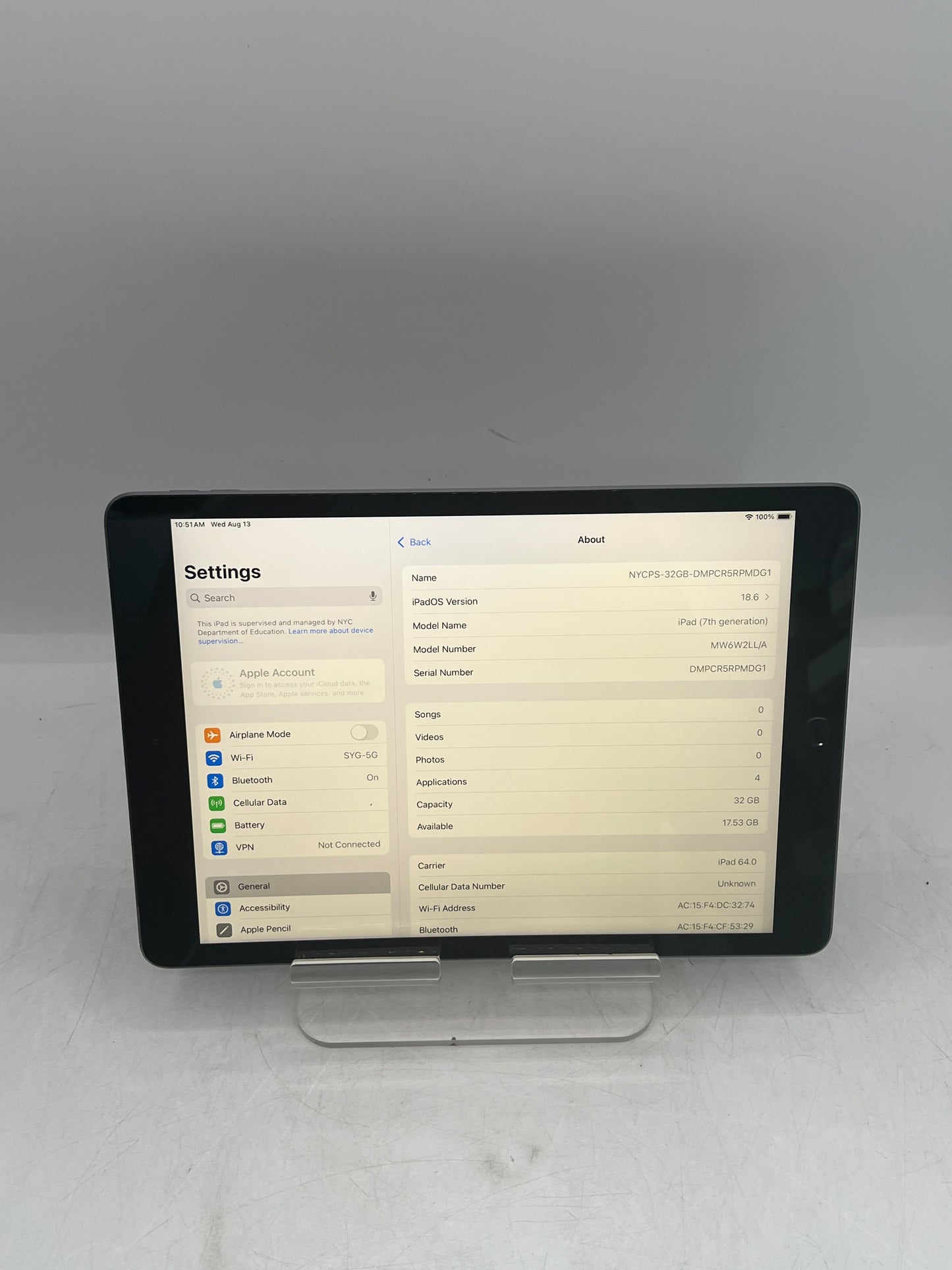Apple iPad (7th Gen) A2200 32GB  Remotely Managed -  Space Gray