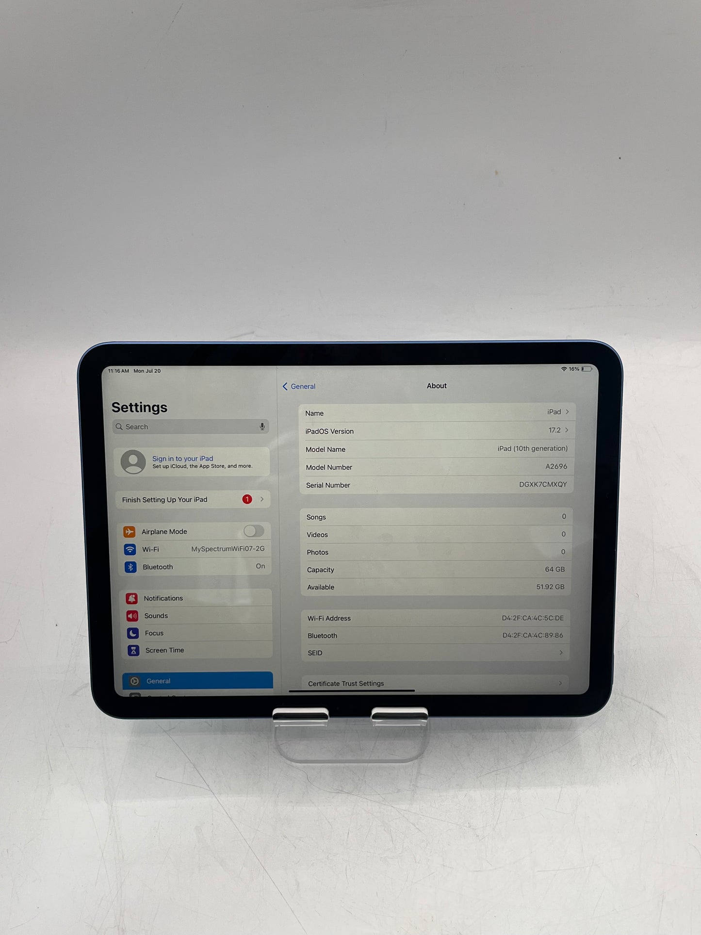 2022 Apple iPad 10th Gen A2696 64GB Wi‑Fi Only Tablet - Blue