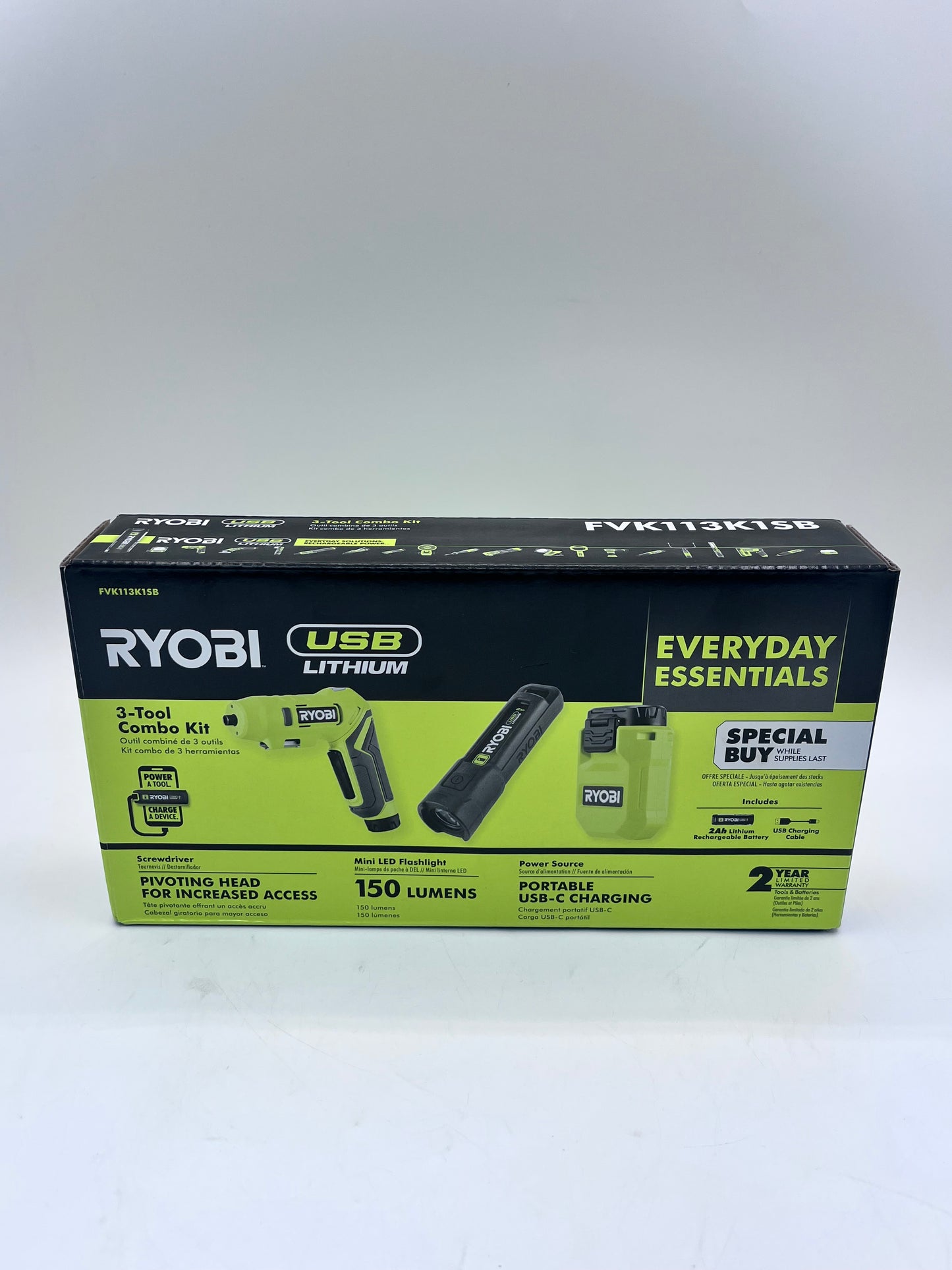 Ryobi USB Lithium 3-Tool Combo Kit Screwdriver Mini LED Flashlight