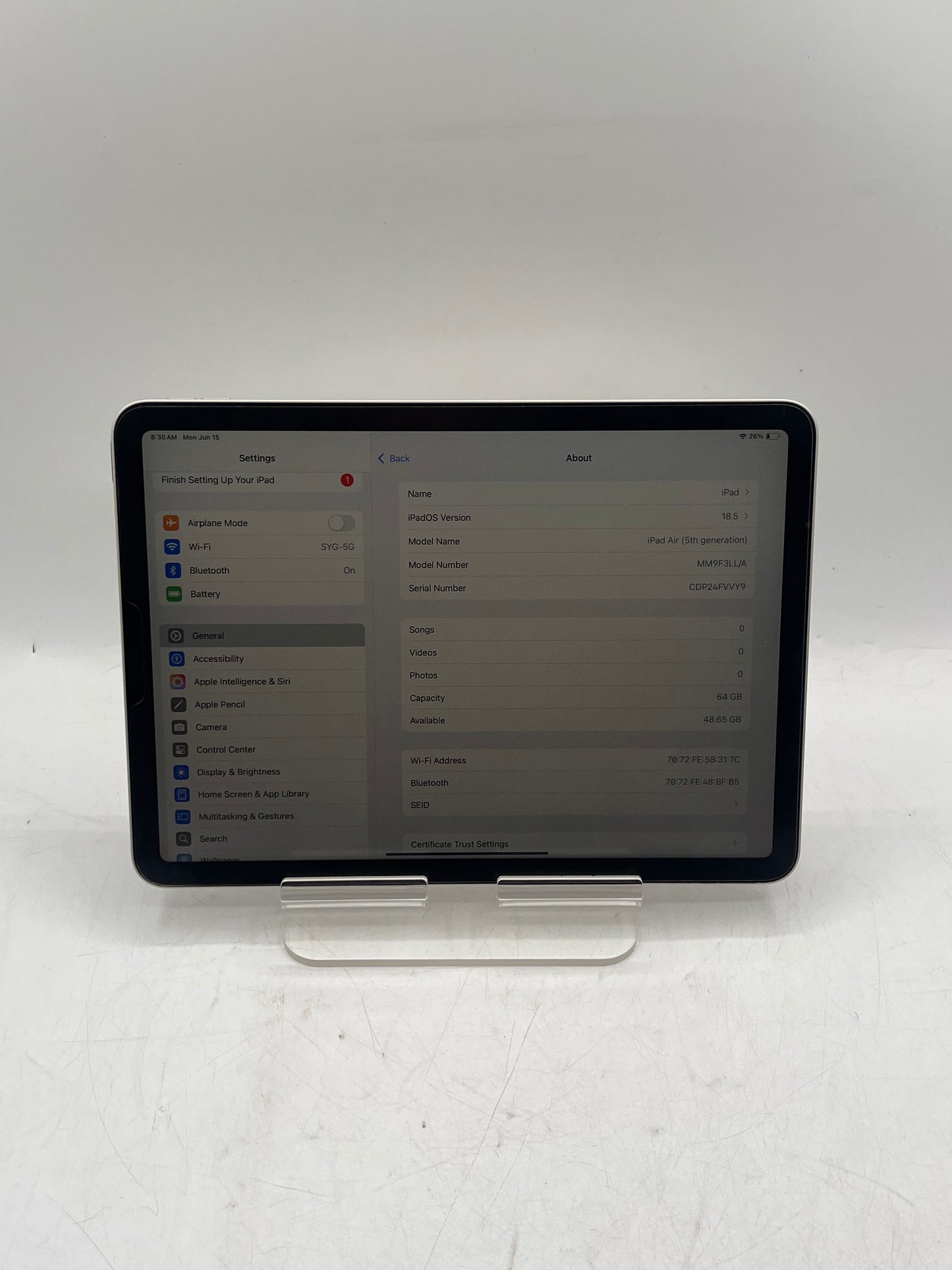 Apple iPad Air 5th Gen A2588 MM9F3LL/A 64GB Wi-Fi Only Silver