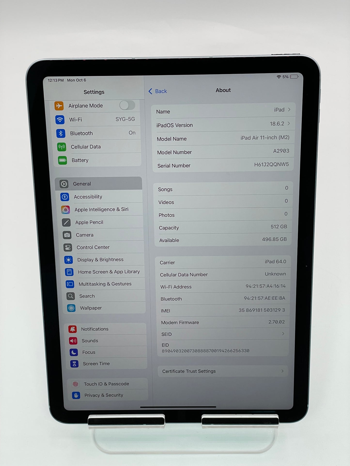 Unlocked Apple iPad Air 11 M2 A2903 512GB Wi-Fi + Cellular NUXN3LL/A 97% BH Blue