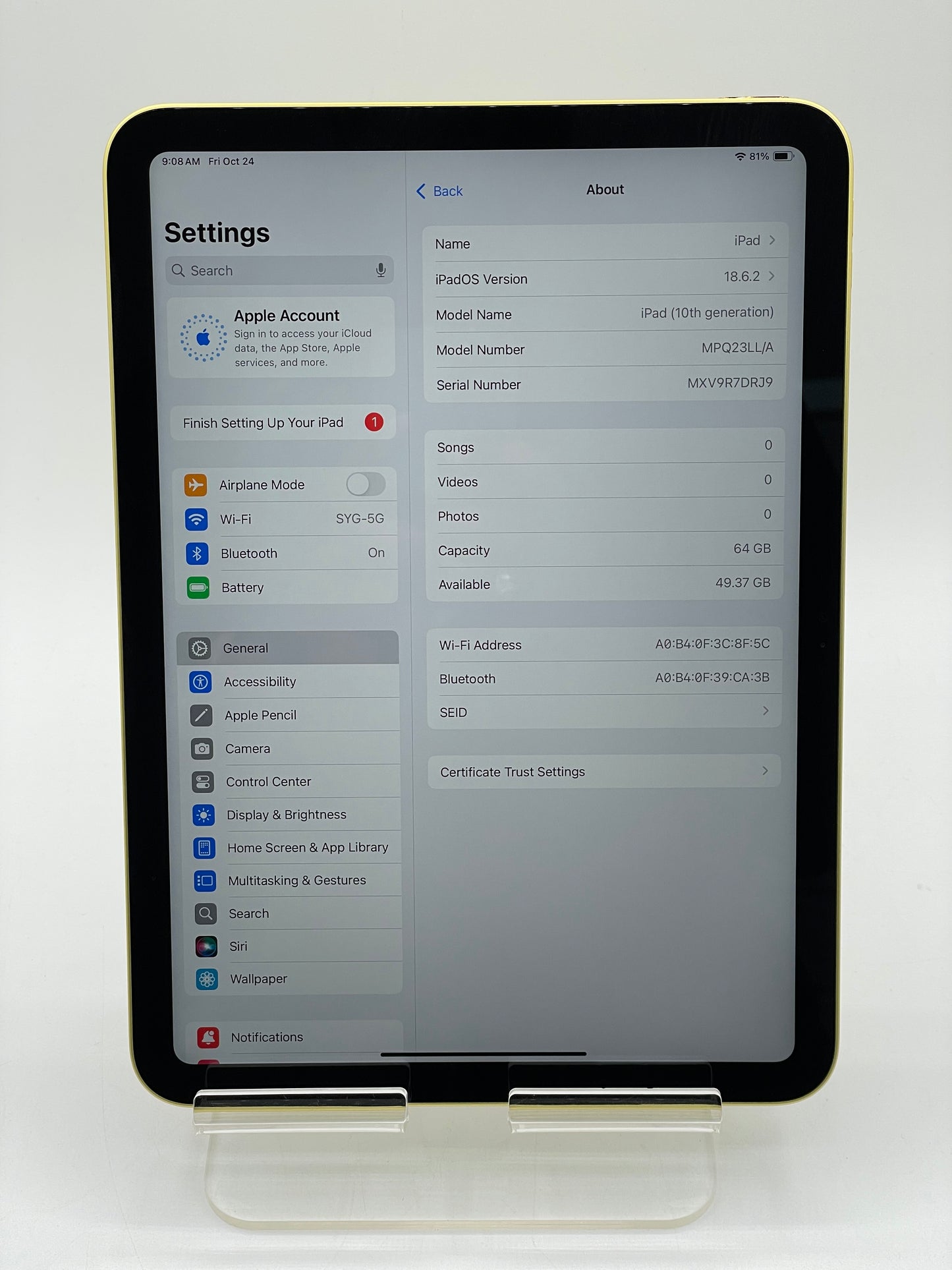 WiFi Only Apple iPad 10th Gen 10.9" 64GB A2696 MPQ23LL/A Yellow