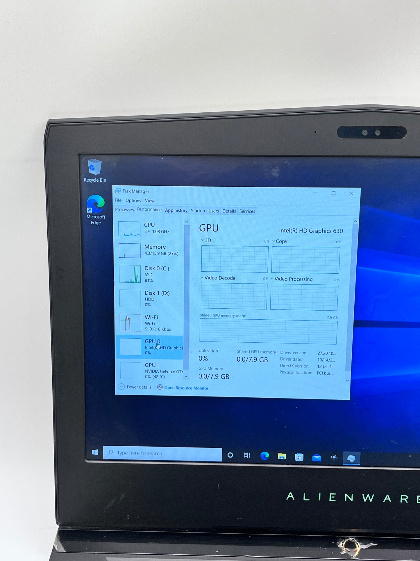 Alienware 15 R3 P69F 15.6" Core i7-7700HQ 2.80GHz 16GB 128GB  1TB HDD RTX 1070 READ