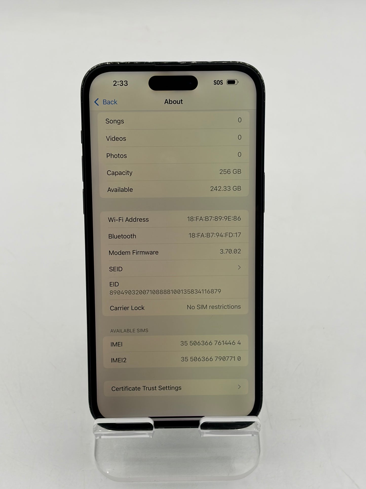 Unlocked Apple iPhone 14 Pro Max 256GB A2651 MQ8T3LL/A - Black Service Battery