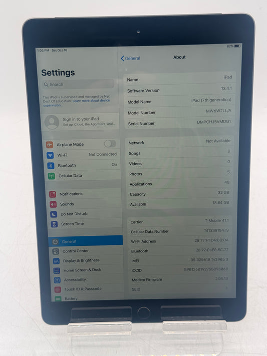 Unlocked Apple iPad 7th Gen 32GB A2200 MW6W2LL/A Space Gray Remotely Managed