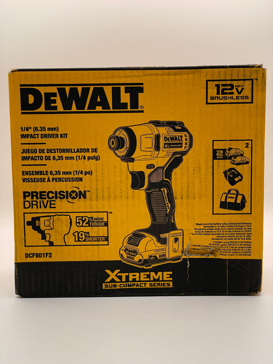 New DeWalt DCF801F2 XTREME 12V MAX 1/4" Impact Driver Kit