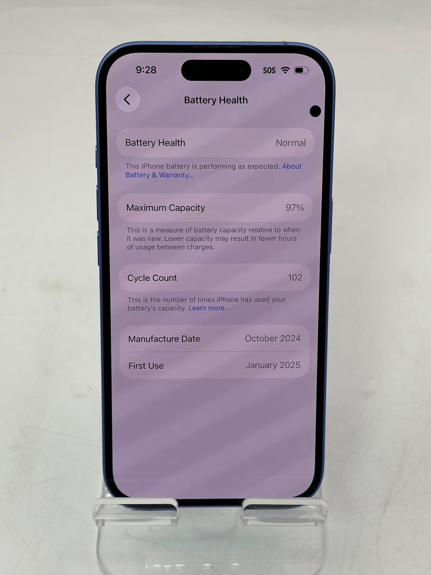 Unlocked Apple iPhone 16 128GB A3081 MYAT3LL/A - Blue 97% Battery CRACKED BACK