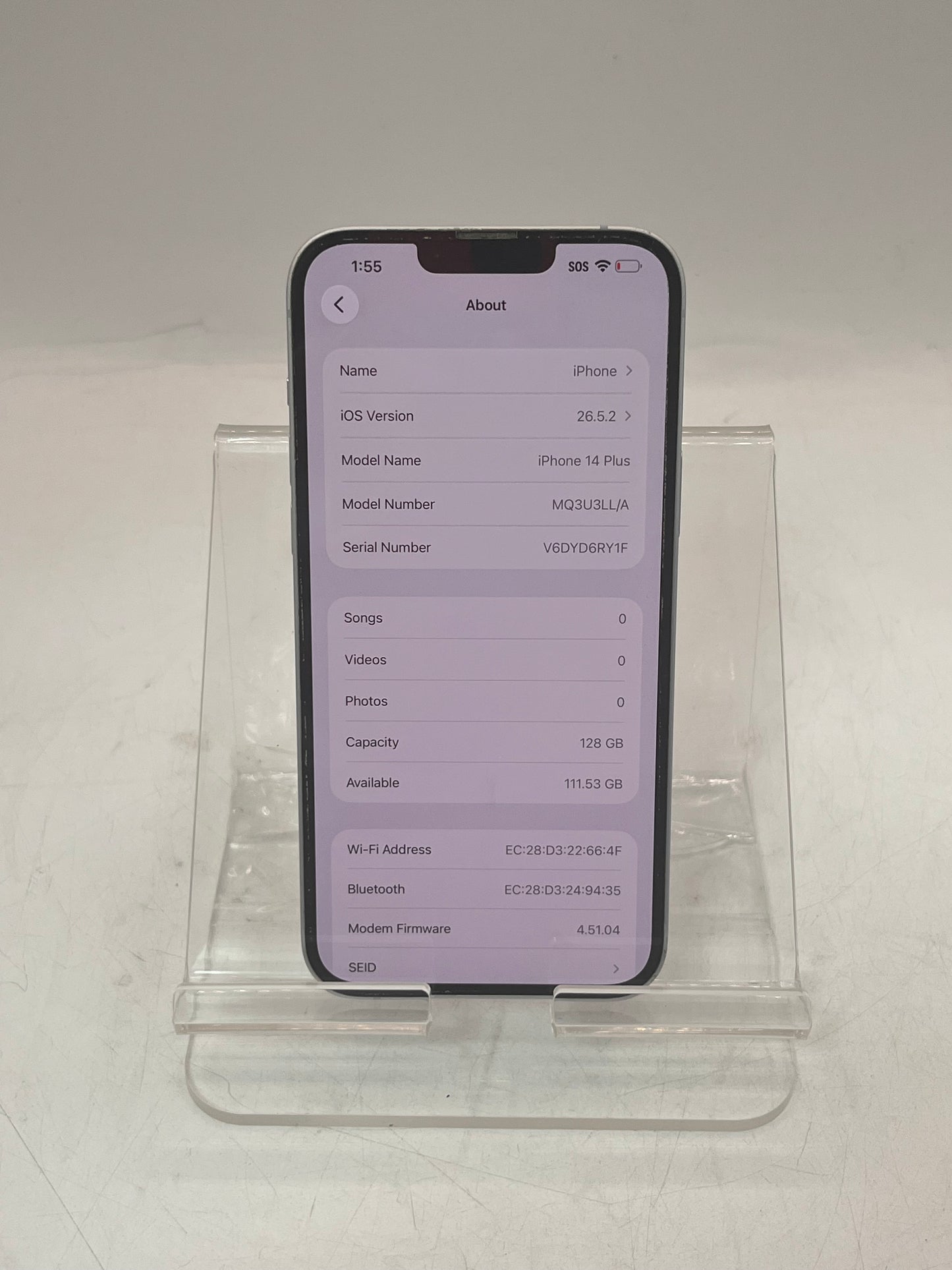 Unlocked Apple iPhone 14 Plus MQ3U3LL/A A2632 128GB Purple Smartphone 86% BATT