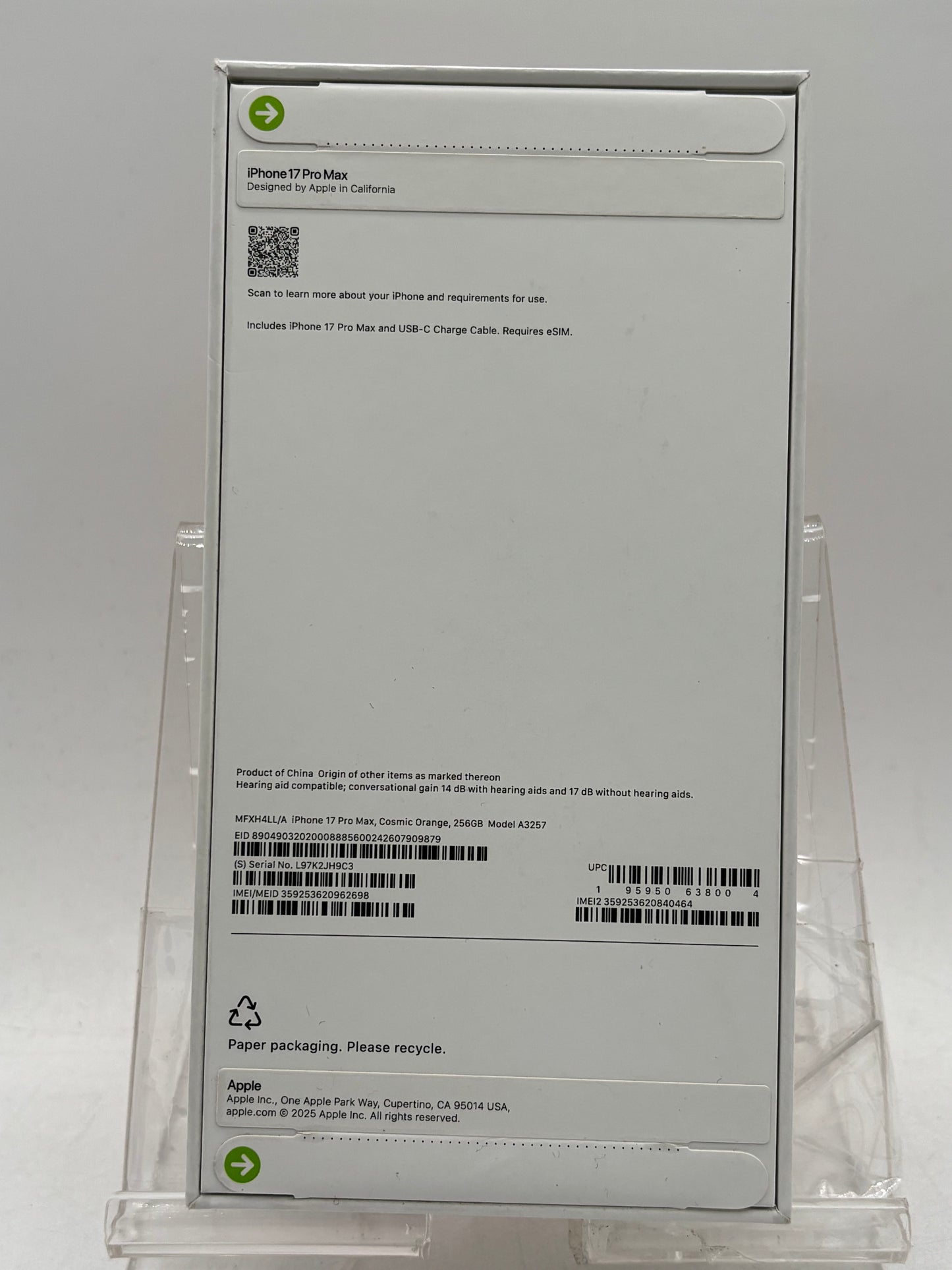 VERIZON ONLY Apple iPhone 17 Pro Max 256GB A3257 MFXH4LL/A, Cosmic Orange