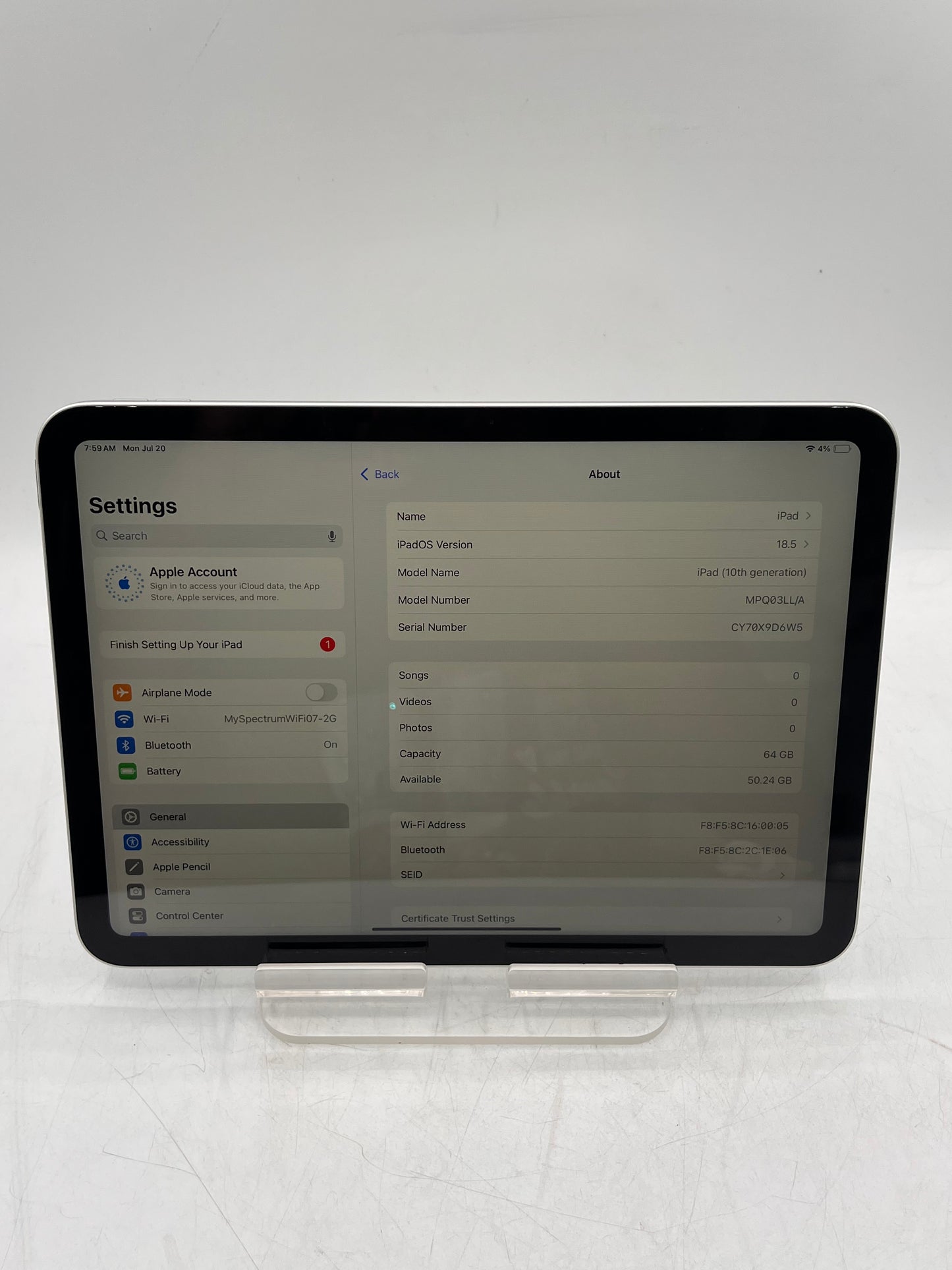 2022 Apple iPad 10th Gen A2696 MPQ03LL/A 64GB Wi‑Fi Only Tablet - Silver