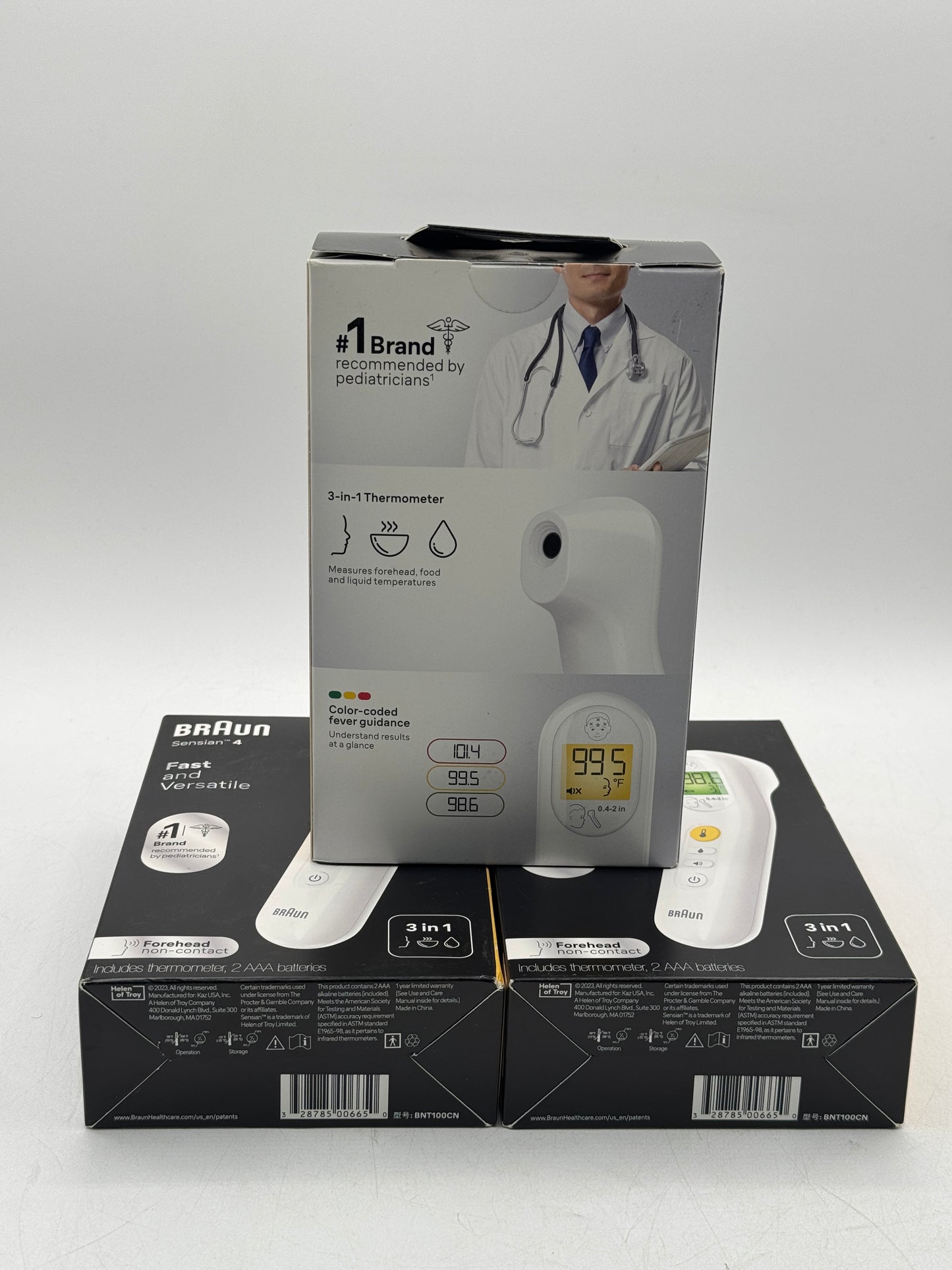 Lot of 3 Braun Sensian 4 Digital Forehead Non-Contact Thermometer 3-in-1 White 2 AAA