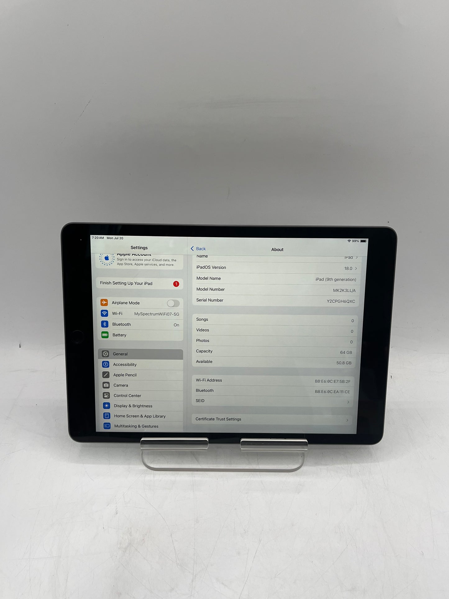 Apple iPad 9th Gen A2602 MK2K3LL/A 64GB Wi-Fi Only Space Gray