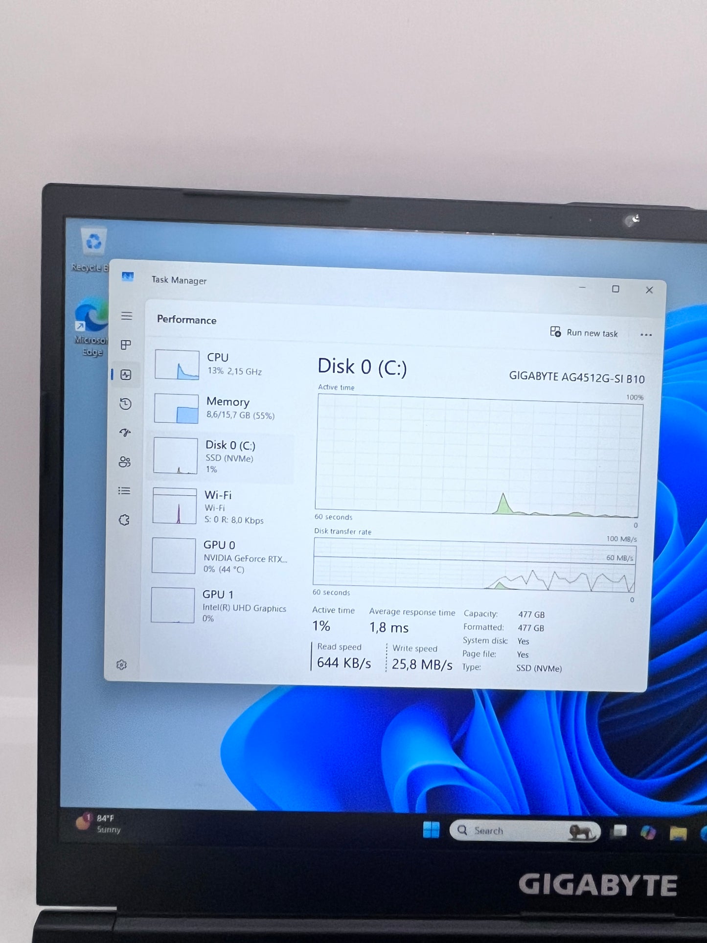 Gigabyte RC555 Laptop Intel i7-12650H RTX 4060 16GB 500GB - Black