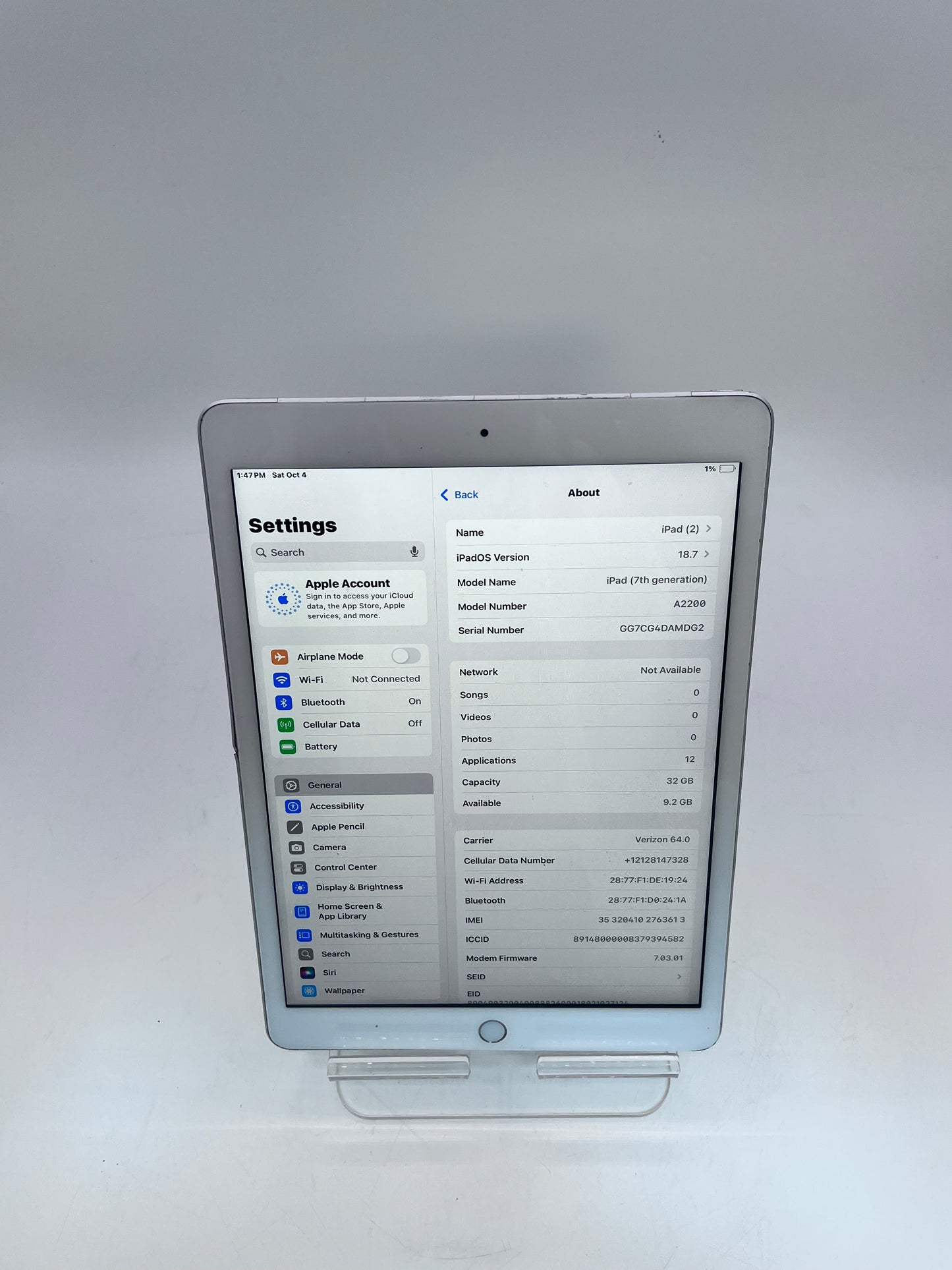 Unlocked Apple iPad (7th Gen) A2200 MW6X2LL/A 32GB - Silver READ