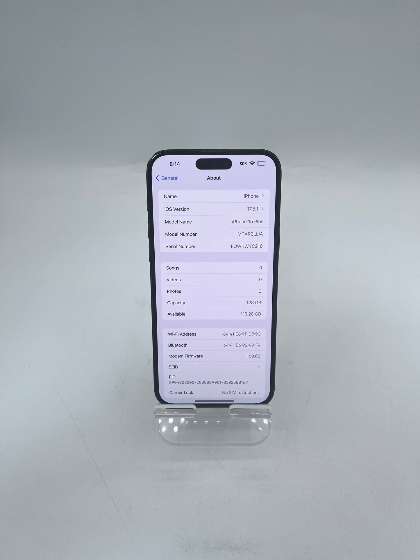 WIFI ONLY Apple iPhone 15 Plus 6.7" 128GB A2847 MTXR3LL/A A2847 87% BH READ