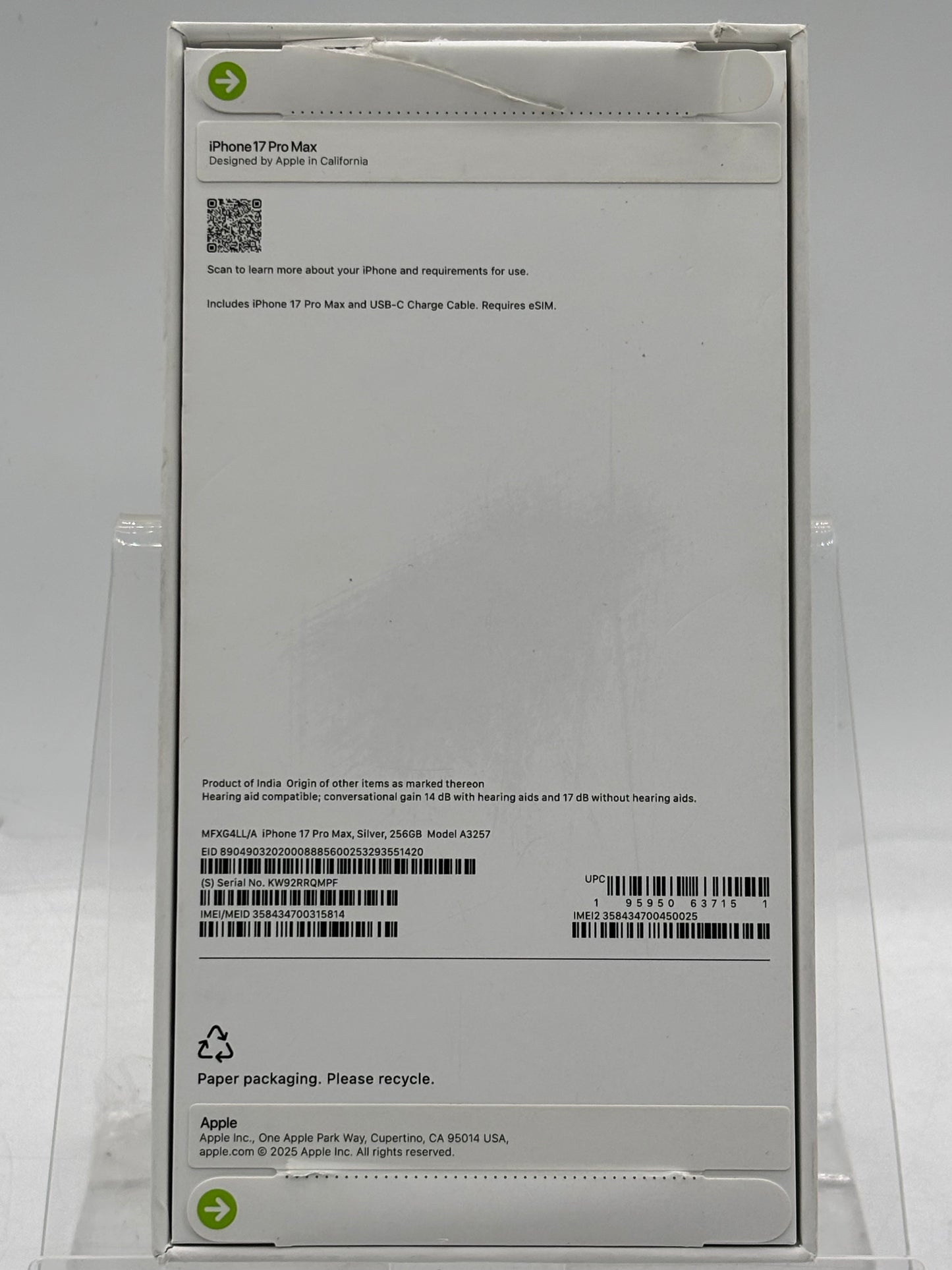 T-MOBILE ONLY SILVER IPHONE 17 PRO MAX MFXG4LL/A A3257 256GB