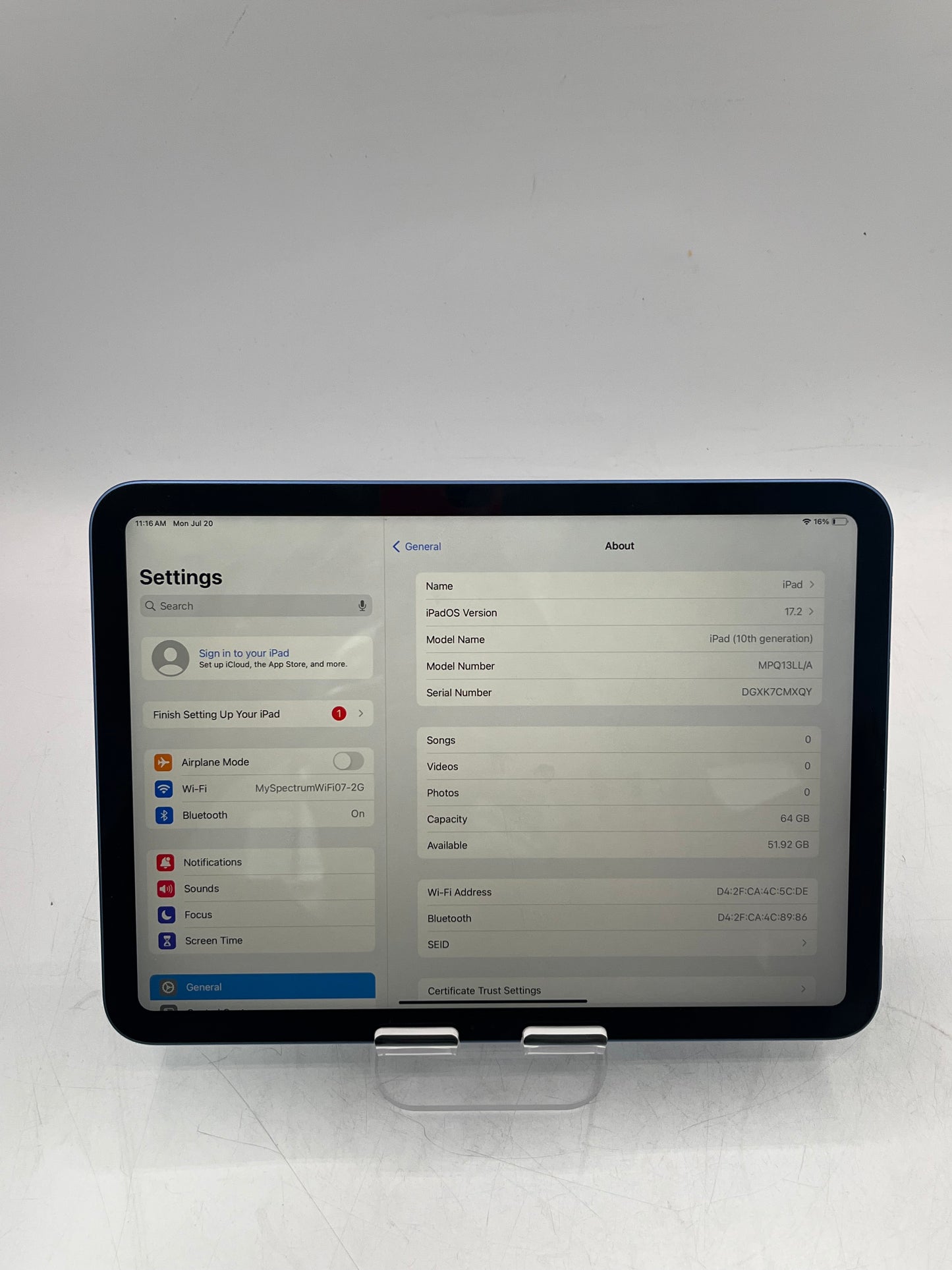2022 Apple iPad 10th Gen A2696 64GB Wi‑Fi Only Tablet - Blue