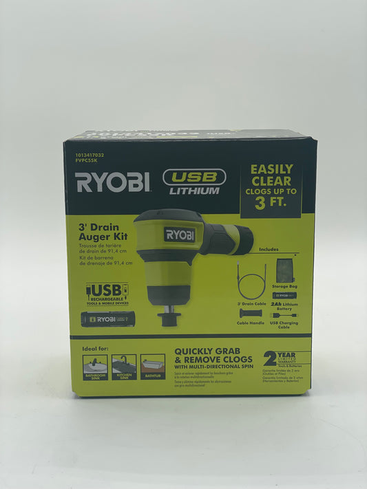 Ryobi USB Lithium 3' Drain Auger with 2.0 Ah Battery - New In Box