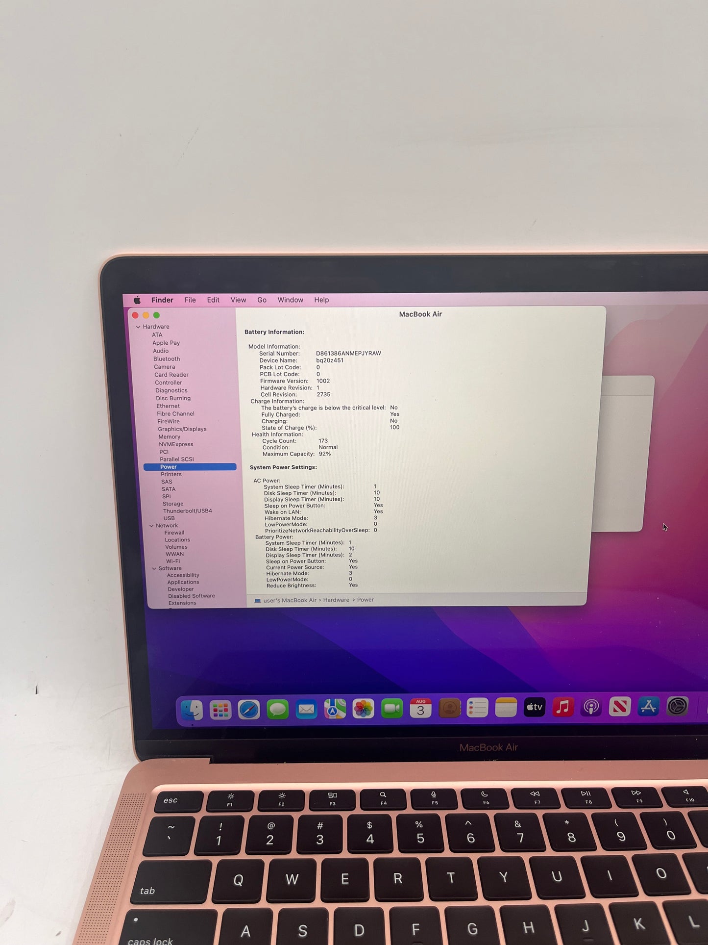 2020 Apple MacBook Air 13" M1 8GB 256GB A2337 MGND3LL/A 173 Cylce Count Rose Gold