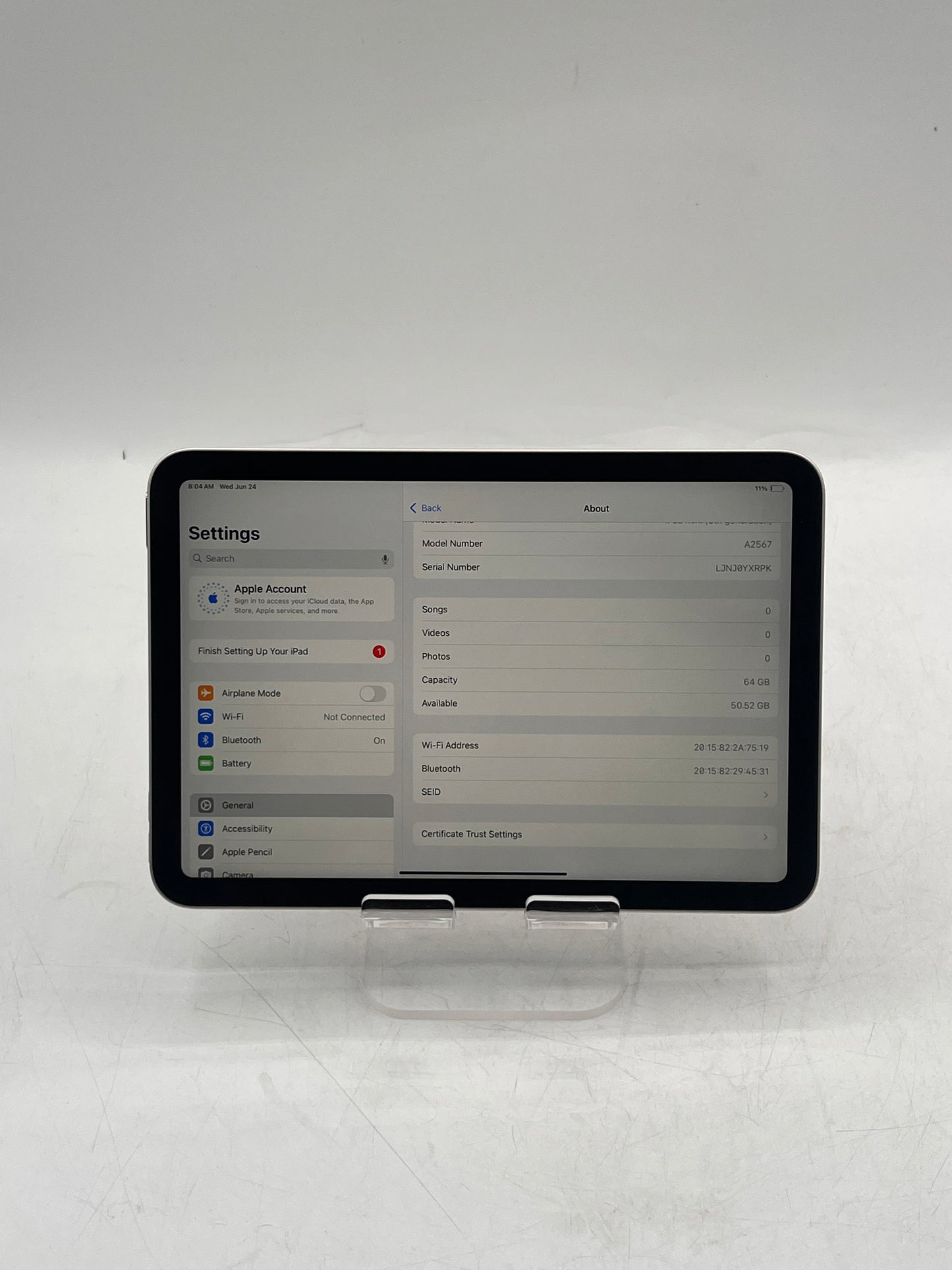2021 Apple iPad Mini (6th Gen) A2567 MK7P3LL/A 64GB Wi‑Fi Tablet Silver