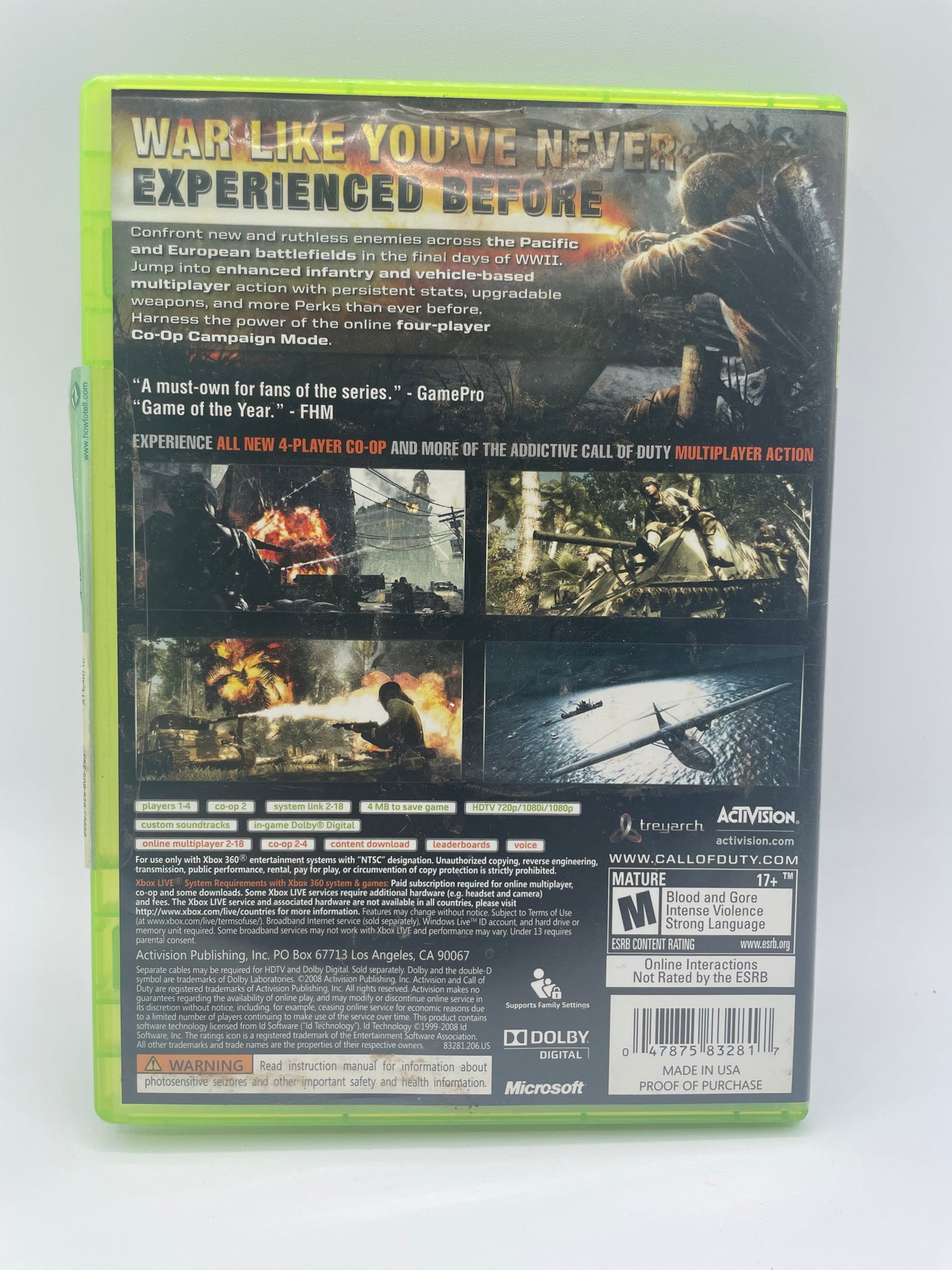 Xbox 360 Call of Duty World at War Video Game - With Box & Manual