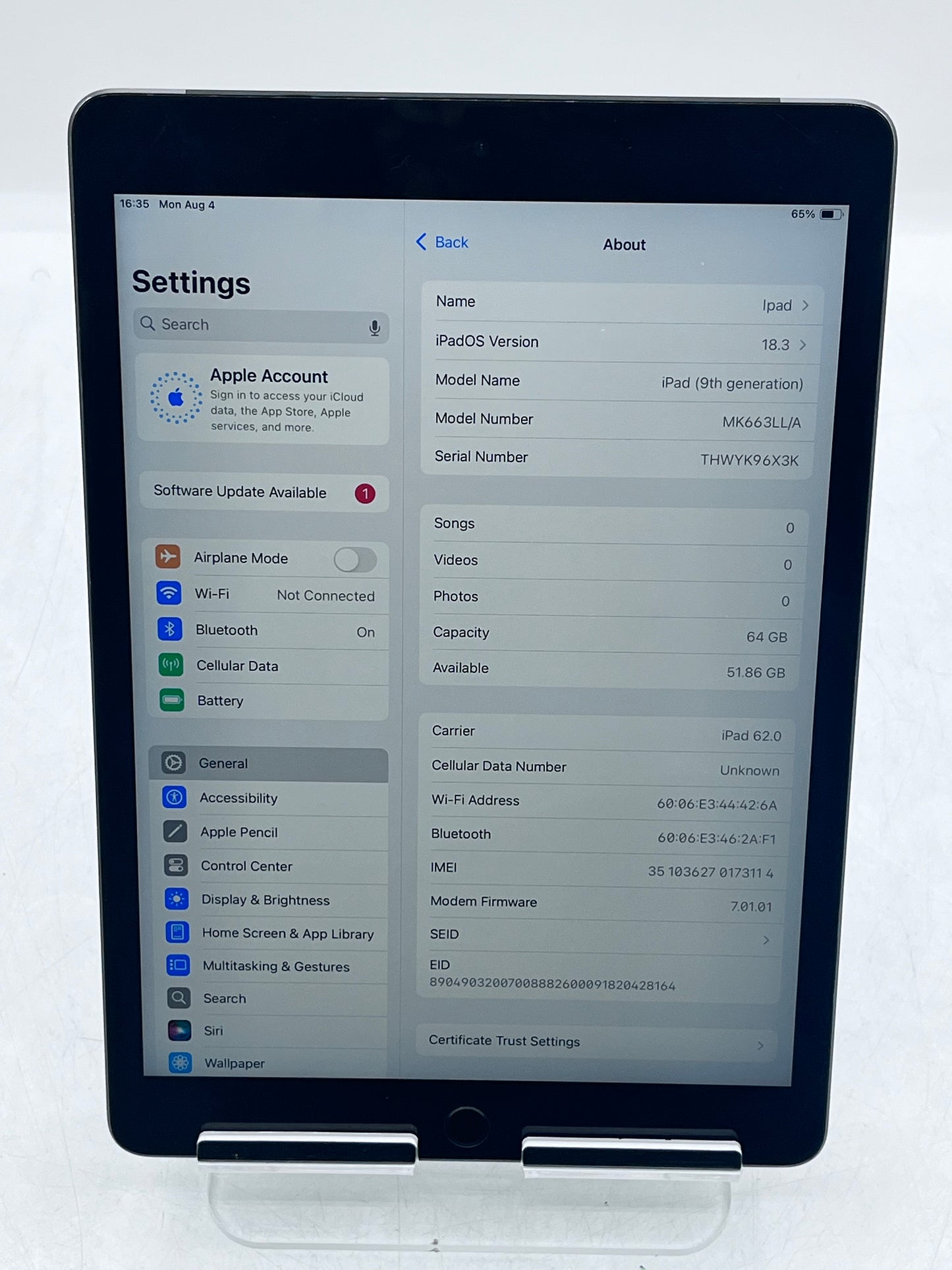Unlocked Apple iPad (9th Gen) 64GB A2603 (2021) - Space Gray READ