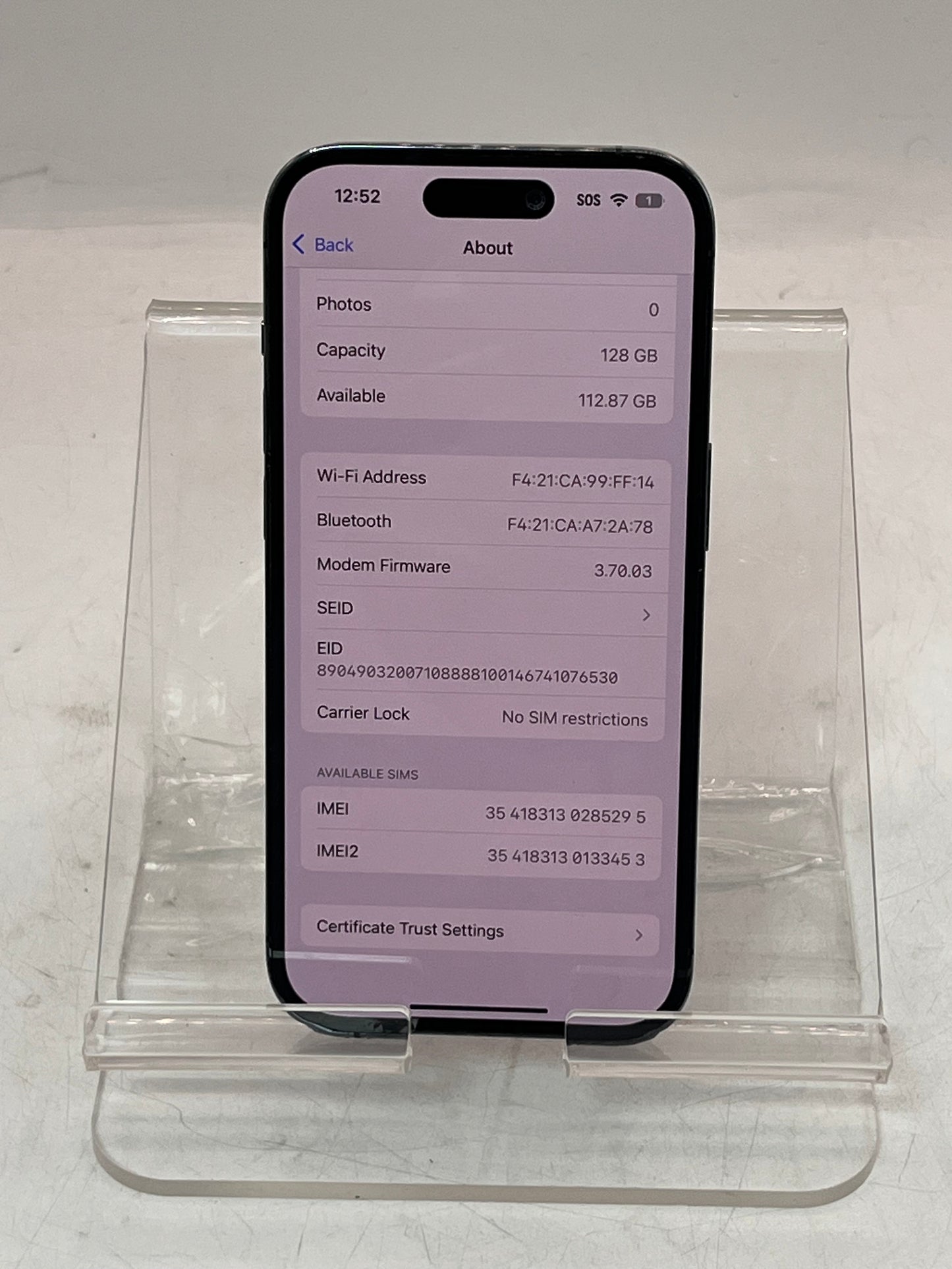 Unlocked Apple iPhone 14 Pro MQ0E3LL/A A2650 128GB Purple  83% BATT
