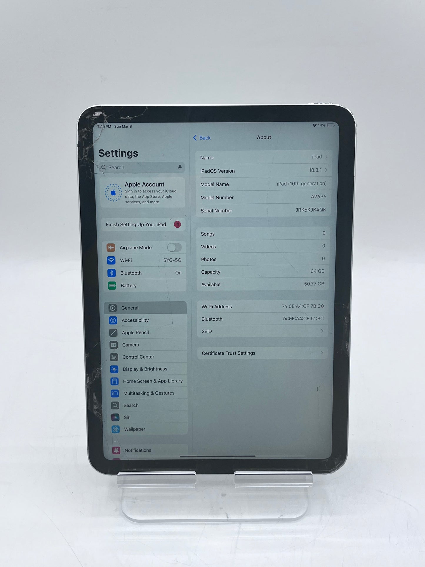 Apple iPad (10th Gen) A2696 MPQ03LL/A (2022) 64GB 4GB Wifi Only- Silver