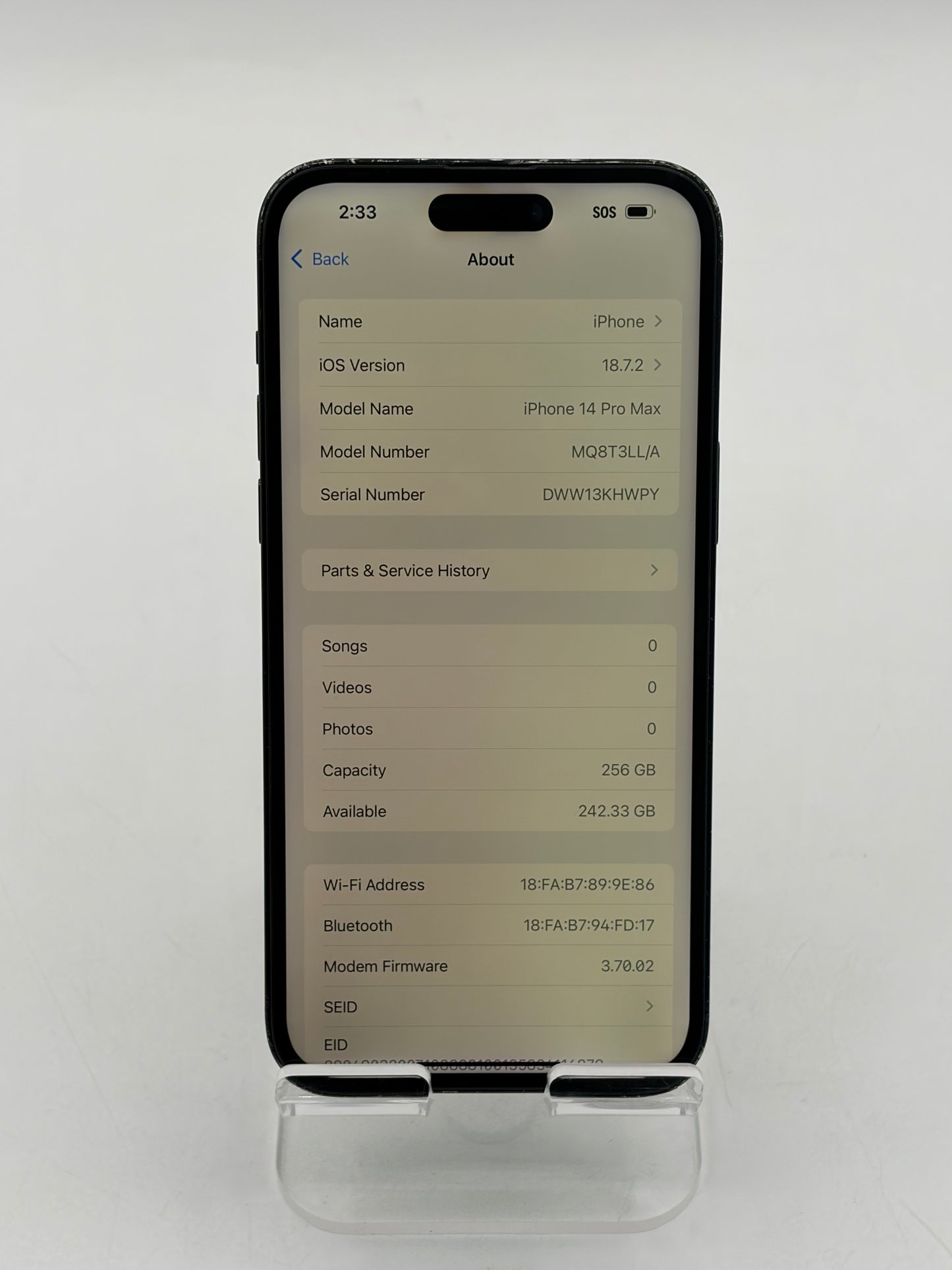 Unlocked Apple iPhone 14 Pro Max 256GB A2651 MQ8T3LL/A - Black Service Battery