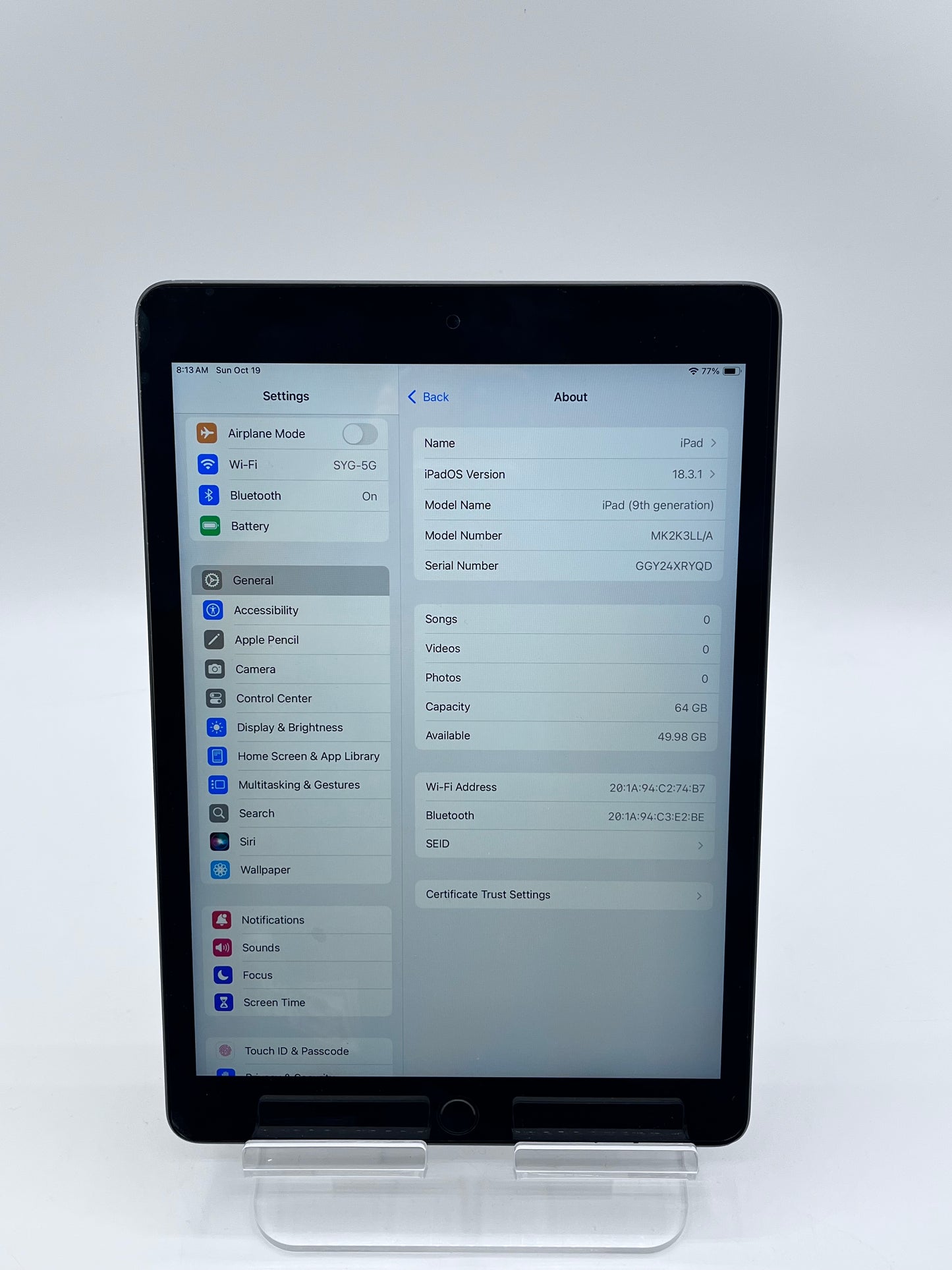 WiFi Only Apple iPad 9th Gen 64GB  MK2K3LL/A A2602 - Space Gray
