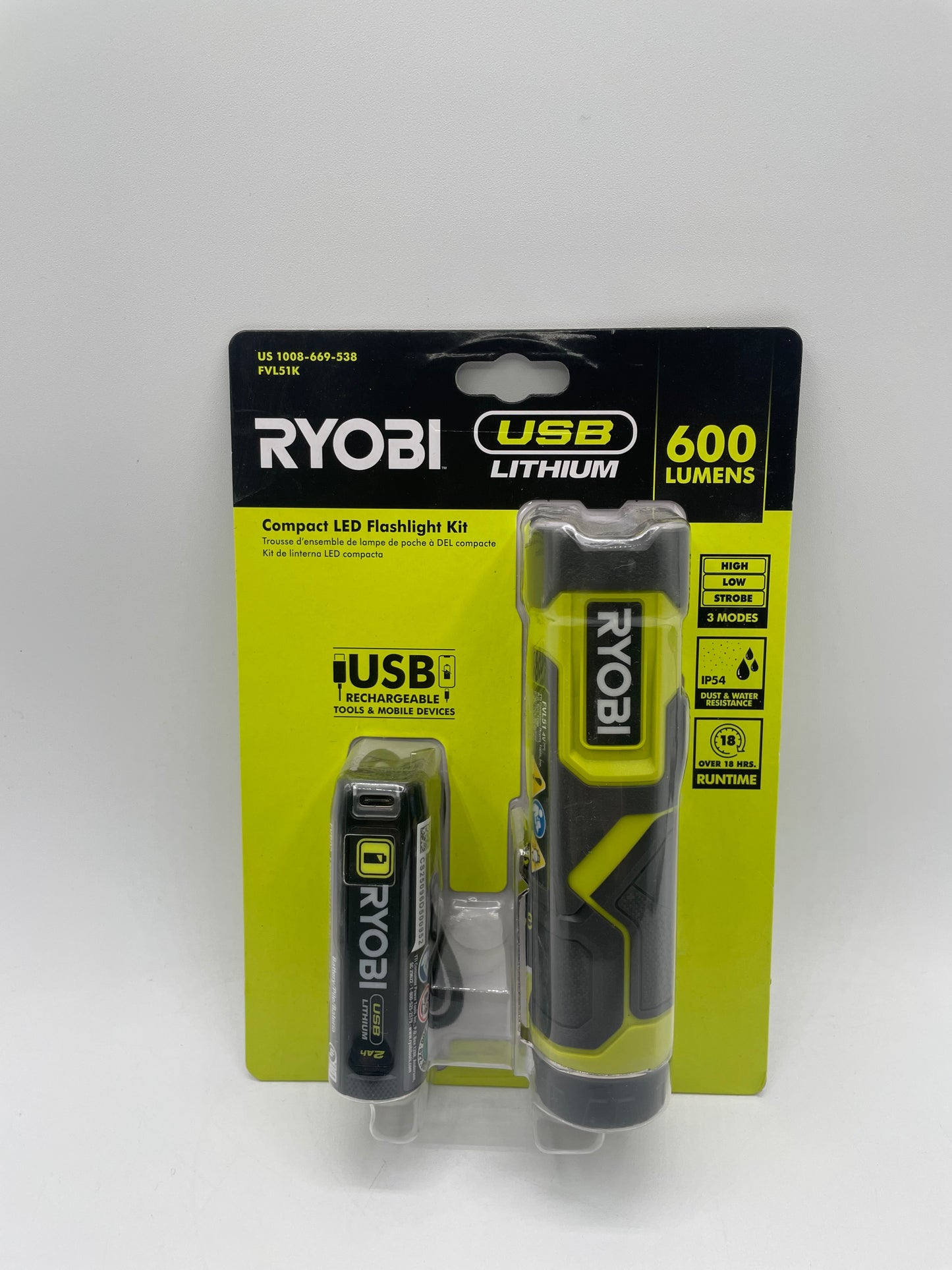 Ryobi RYOBI USB Lithium Rechargeable Compact LED Flashlight Kit 600 Lumens