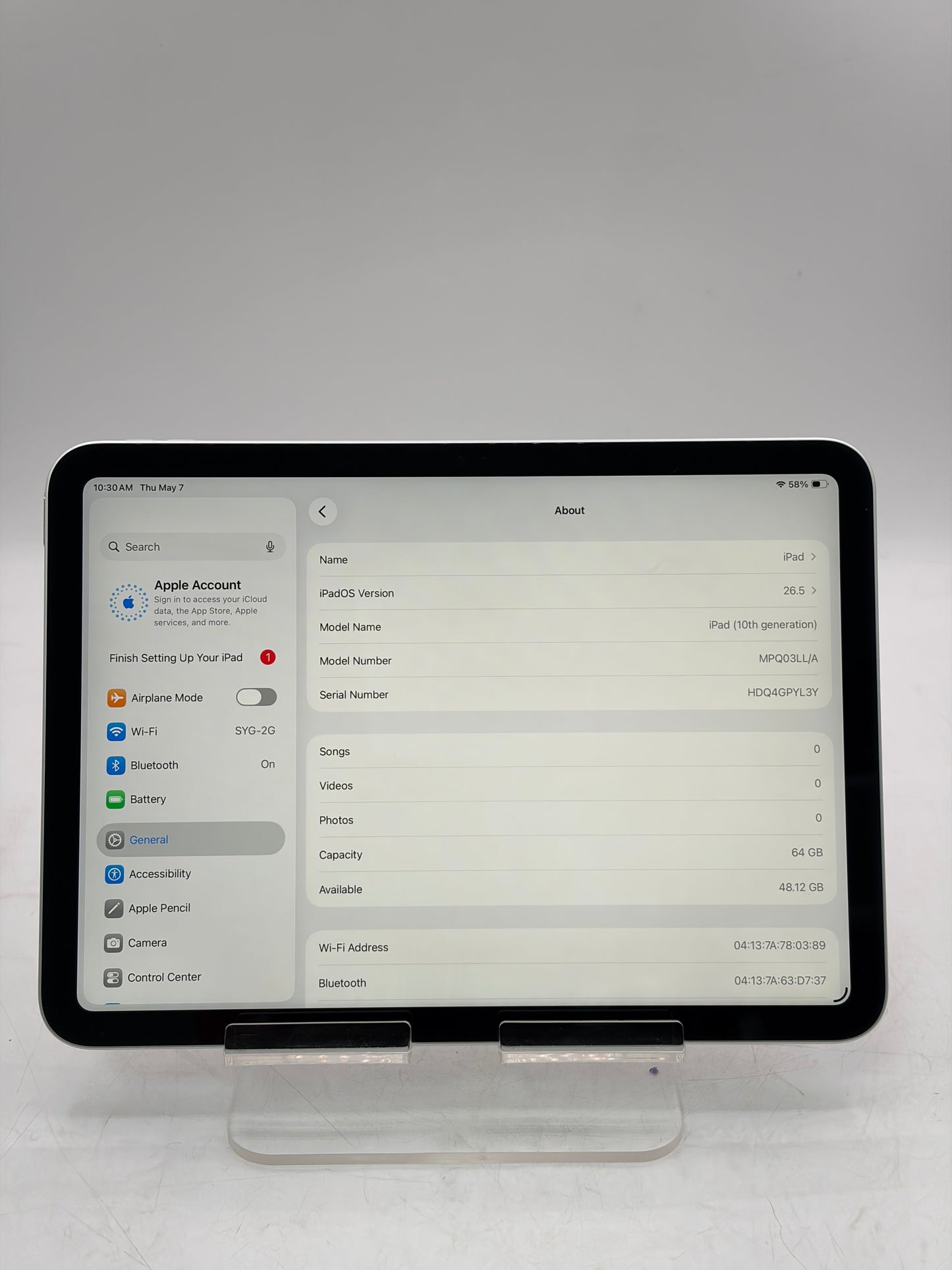 Wi‑Fi Only 2022 Apple iPad 10th Gen 64GB A2696 MPQ03LL/A 10.9" Tablet Silver