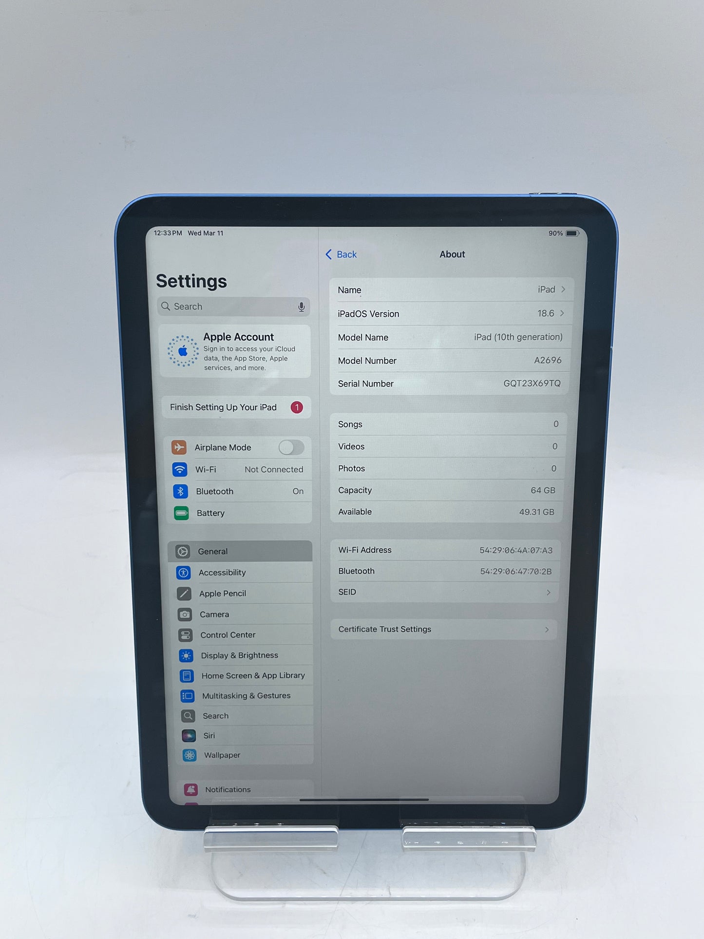 Apple iPad (10th Gen) A2696 MPQ13LL/A (2022) 64GB WiFi - Blue