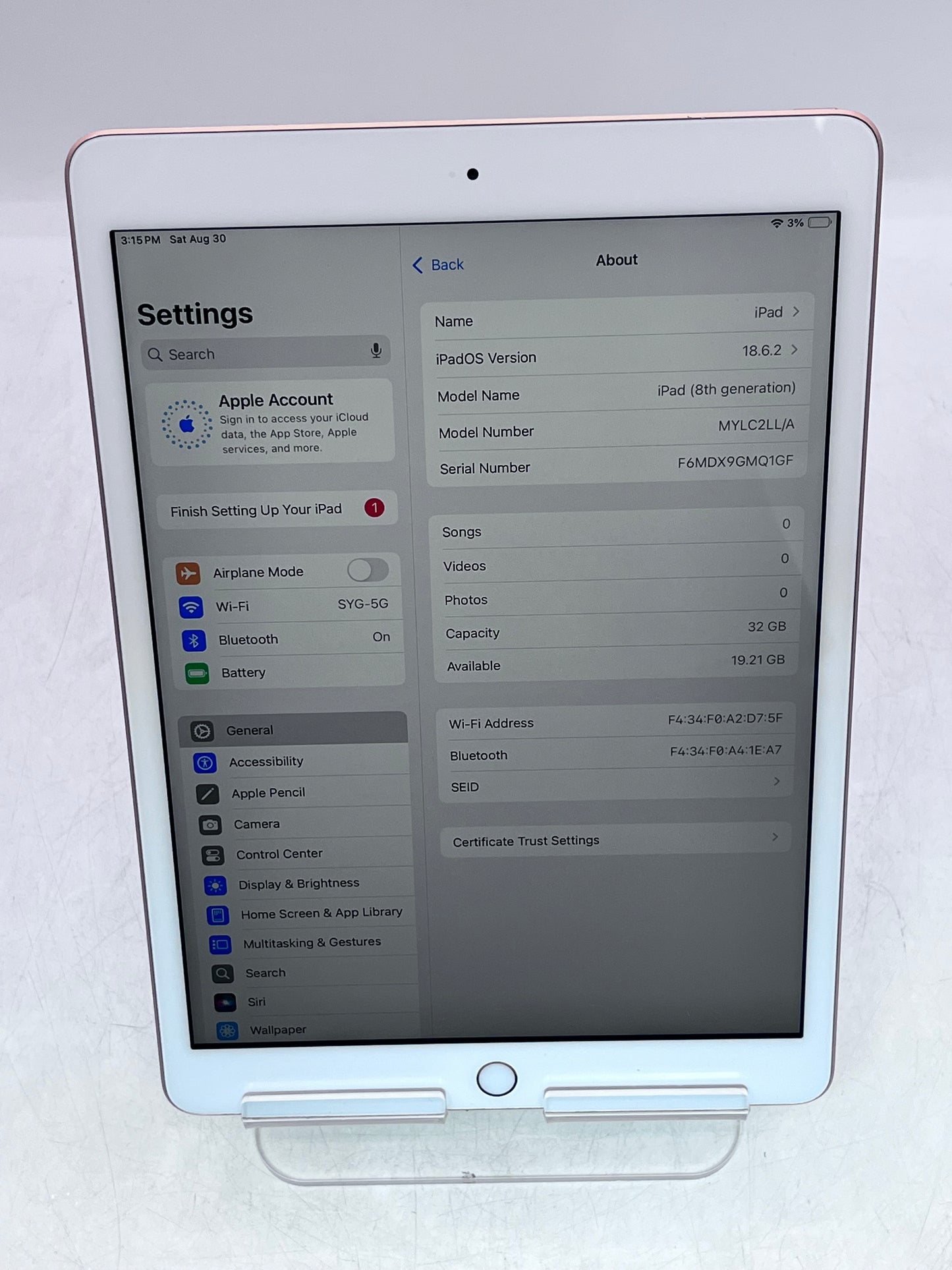 Apple iPad 8th Gen A2270 MYLC2LL/A 32GB Wi-Fi Tablet - Rose Gold