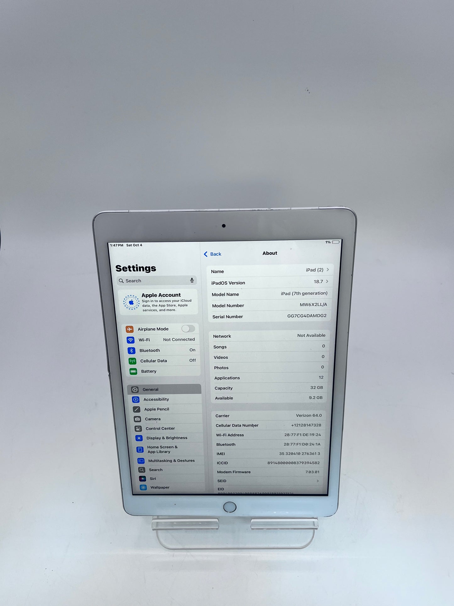 Unlocked Apple iPad (7th Gen) A2200 MW6X2LL/A 32GB - Silver READ