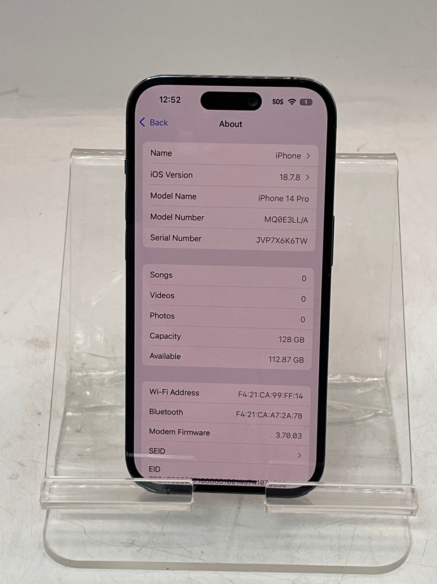 Unlocked Apple iPhone 14 Pro MQ0E3LL/A A2650 128GB Purple  83% BATT