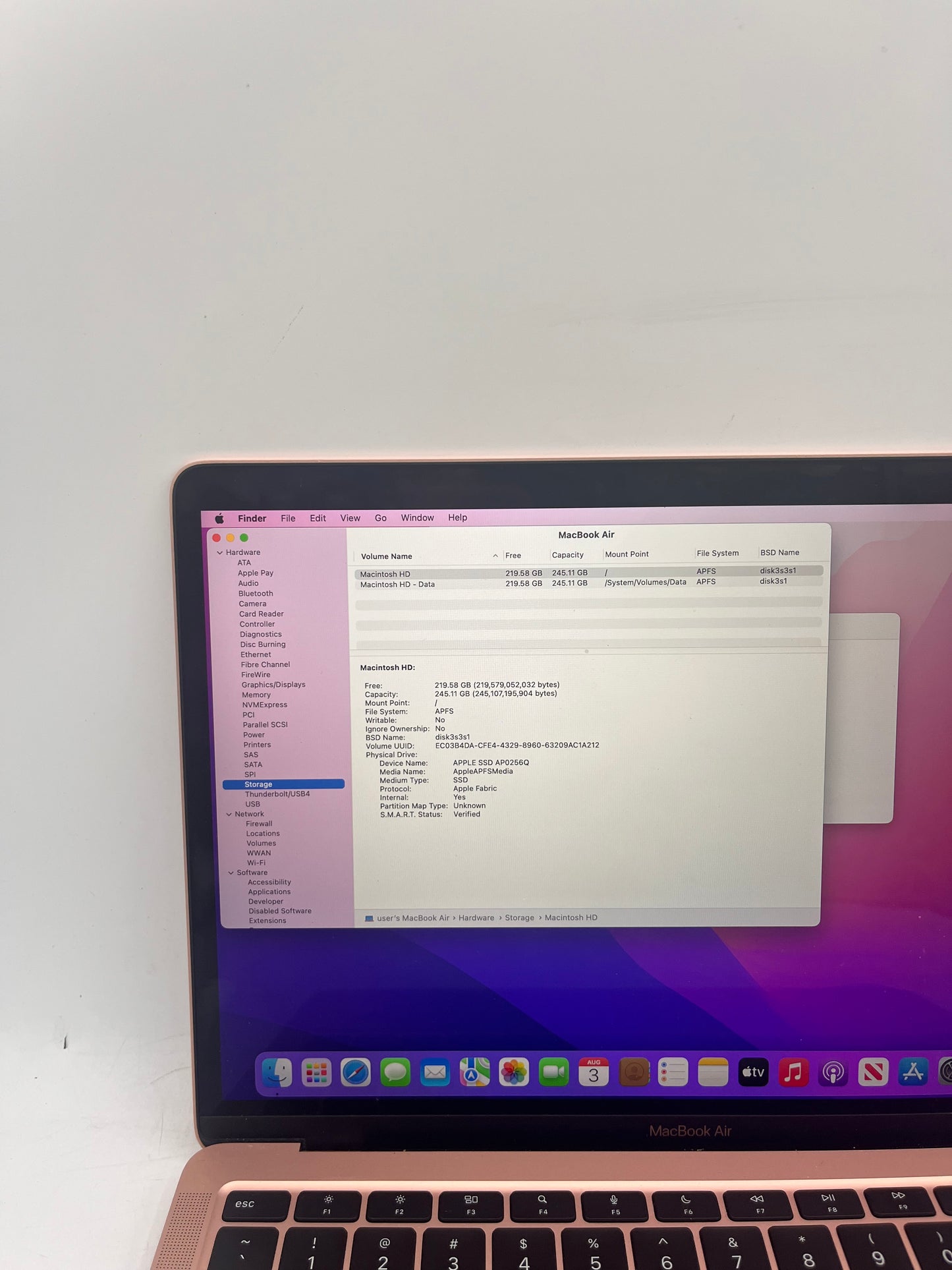 2020 Apple MacBook Air 13" M1 8GB 256GB A2337 MGND3LL/A 173 Cylce Count Rose Gold