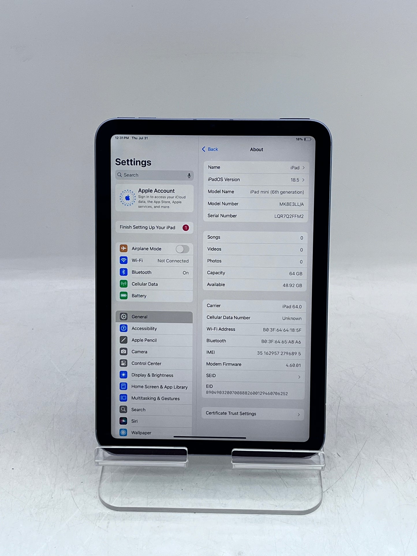 Apple iPad Mini (6th Gen) 64GB A2568 MK8E3LL/A Wi-Fi + 5G - Blue