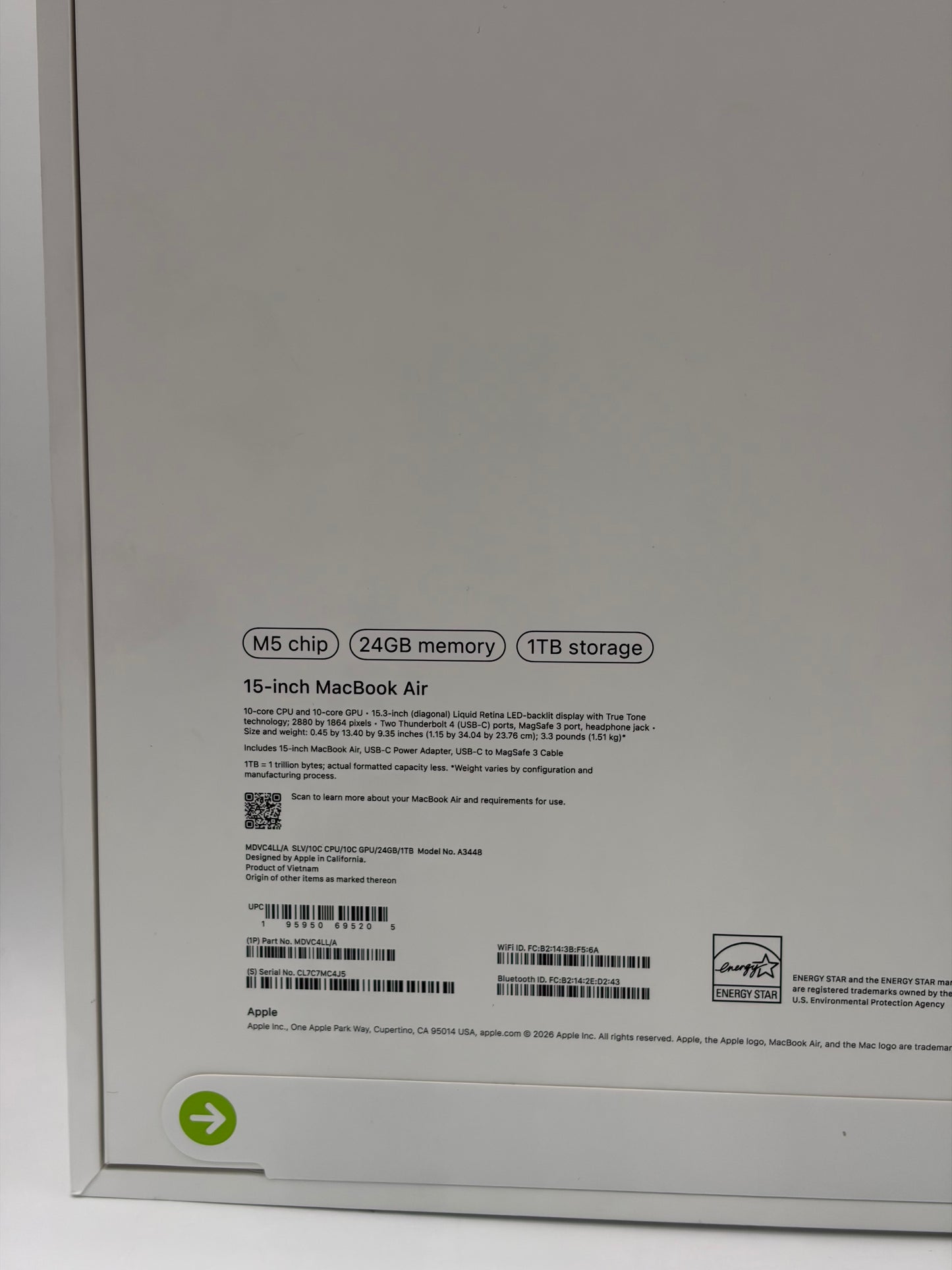 SEALED 2026 Apple MacBook Air 15" M5 A3448 MDVC4LL/A 24GB 1TB SLV w AppleCare+