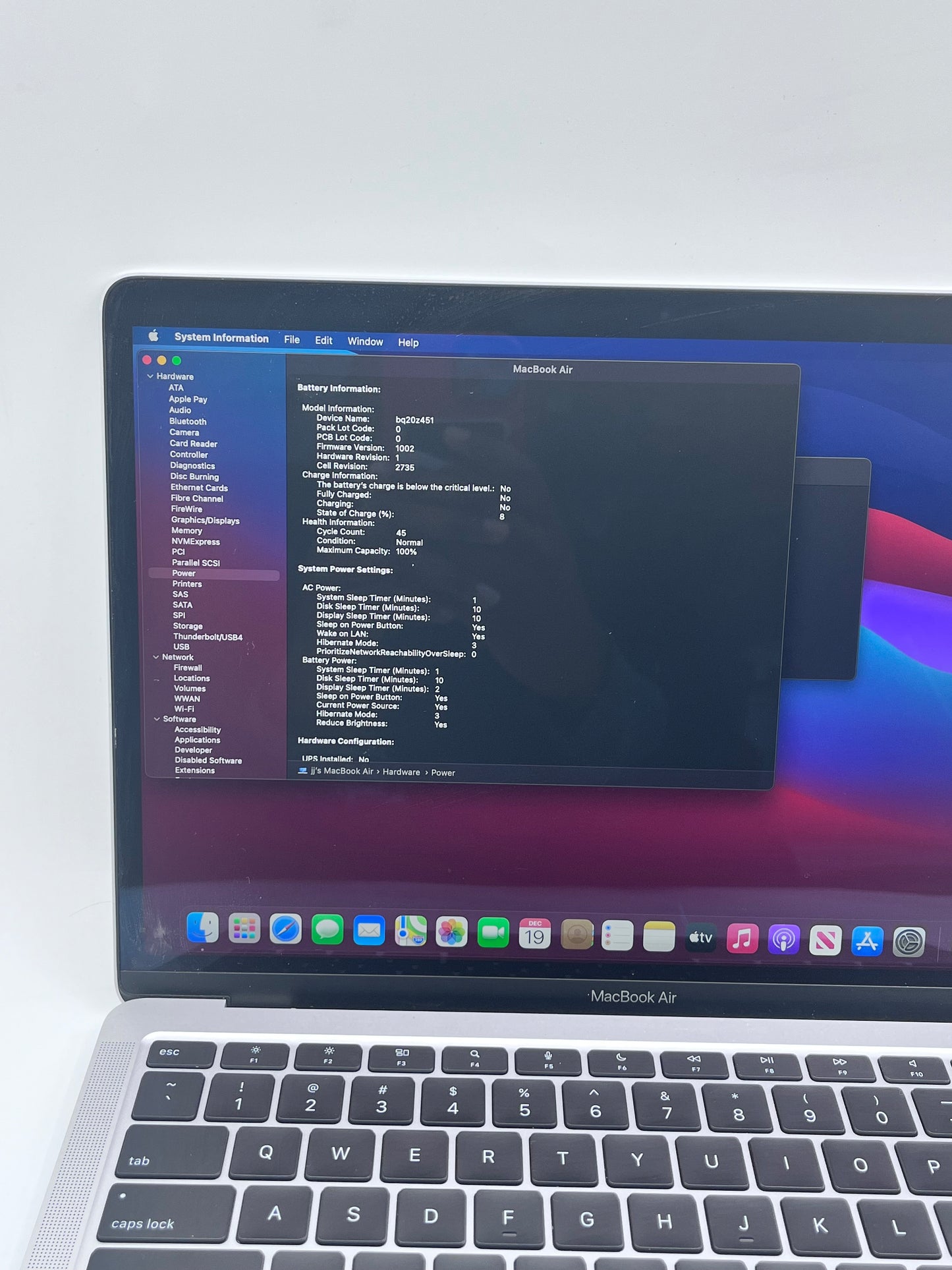 2020 Apple MacBook Air 13.3" M1 7C 8GB 256GB A2337 REMOTELY MANAGED 45 CC