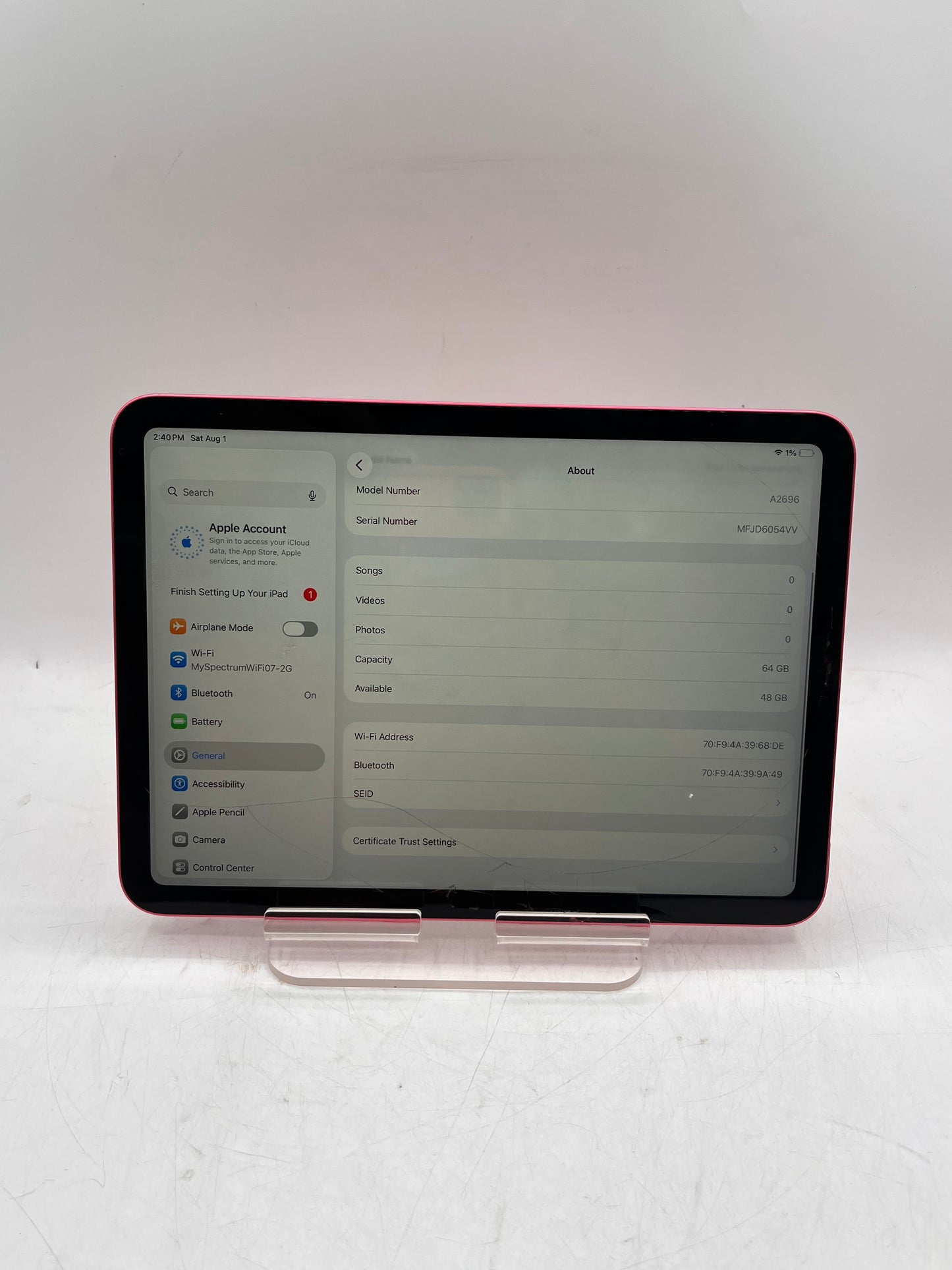 Apple iPad (10th Gen) A2696 64GB Wi‑Fi Only Tablet - Pink
